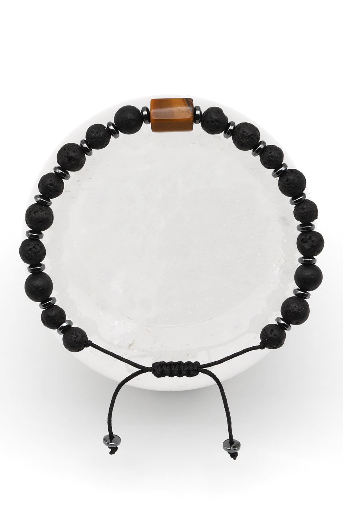 Kaplan Gözü-Lav Doğal Taş Makrome Örme Bileklik Küre Kesim