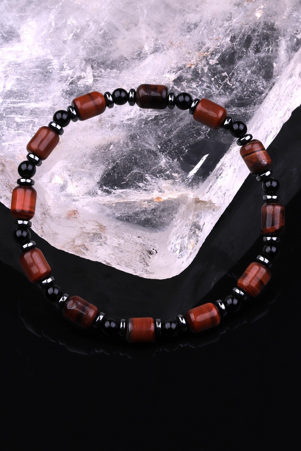 Kaplan Gözü - Oniks - Hematit Doğal Taş Tasarım Bileklik 