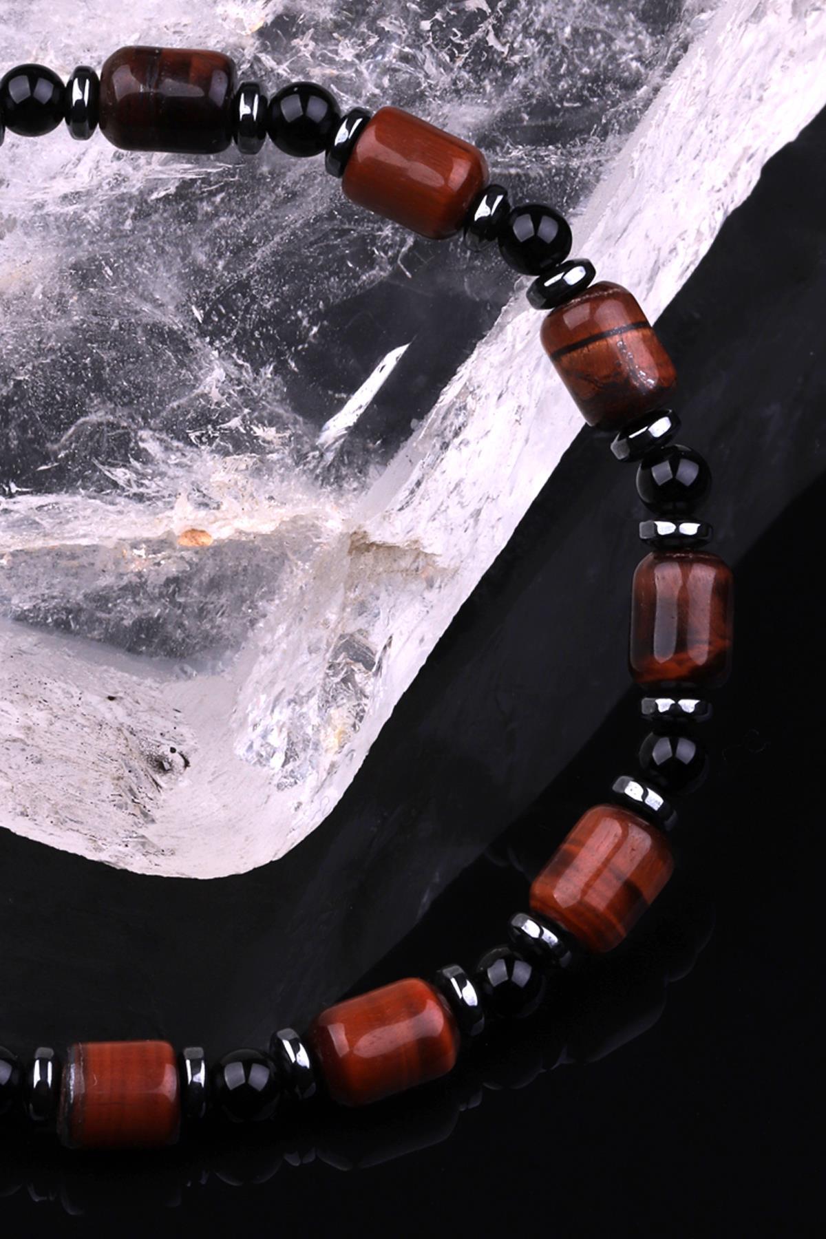 Kaplan Gözü - Oniks - Hematit Doğal Taş Tasarım Bileklik 