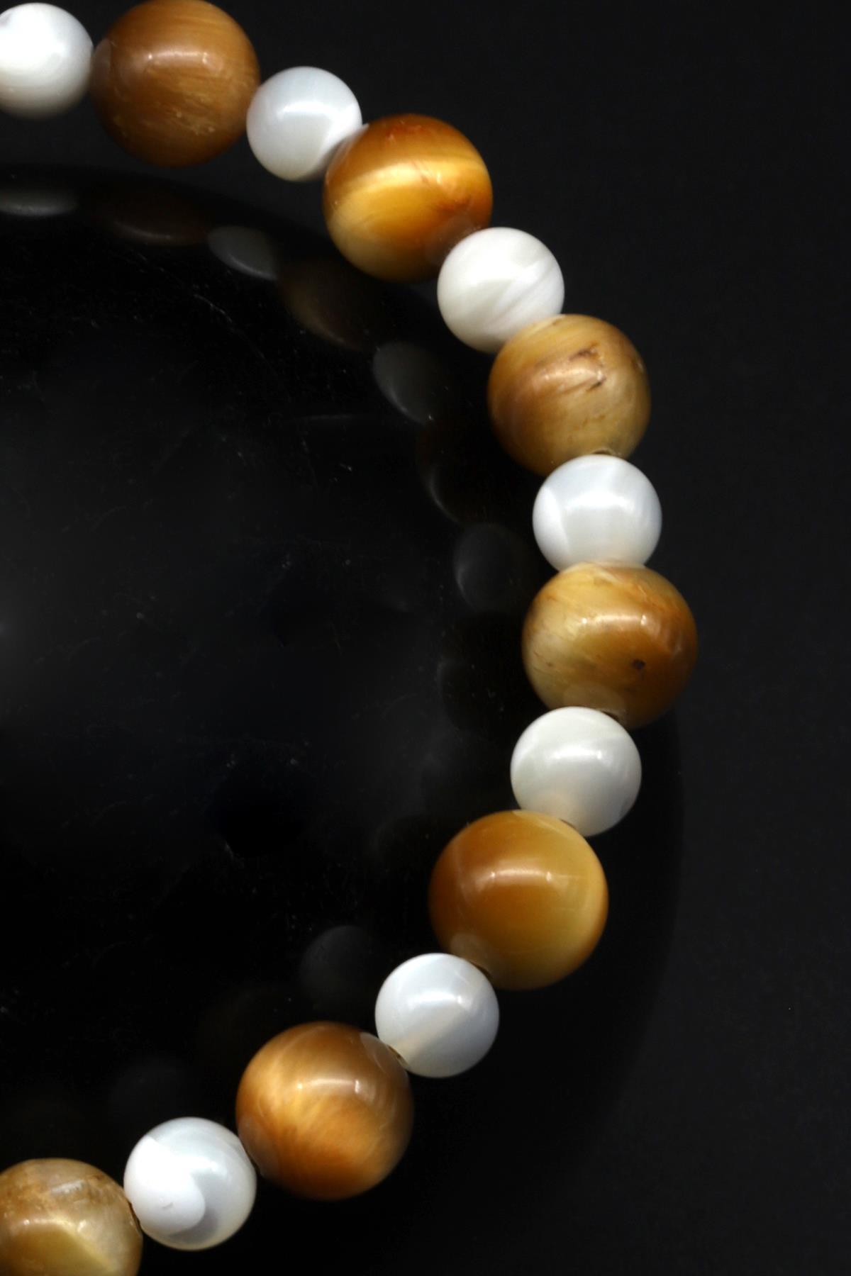 Kaplan Gözü - Sedef Doğal Taş Makrome Örme Bileklik