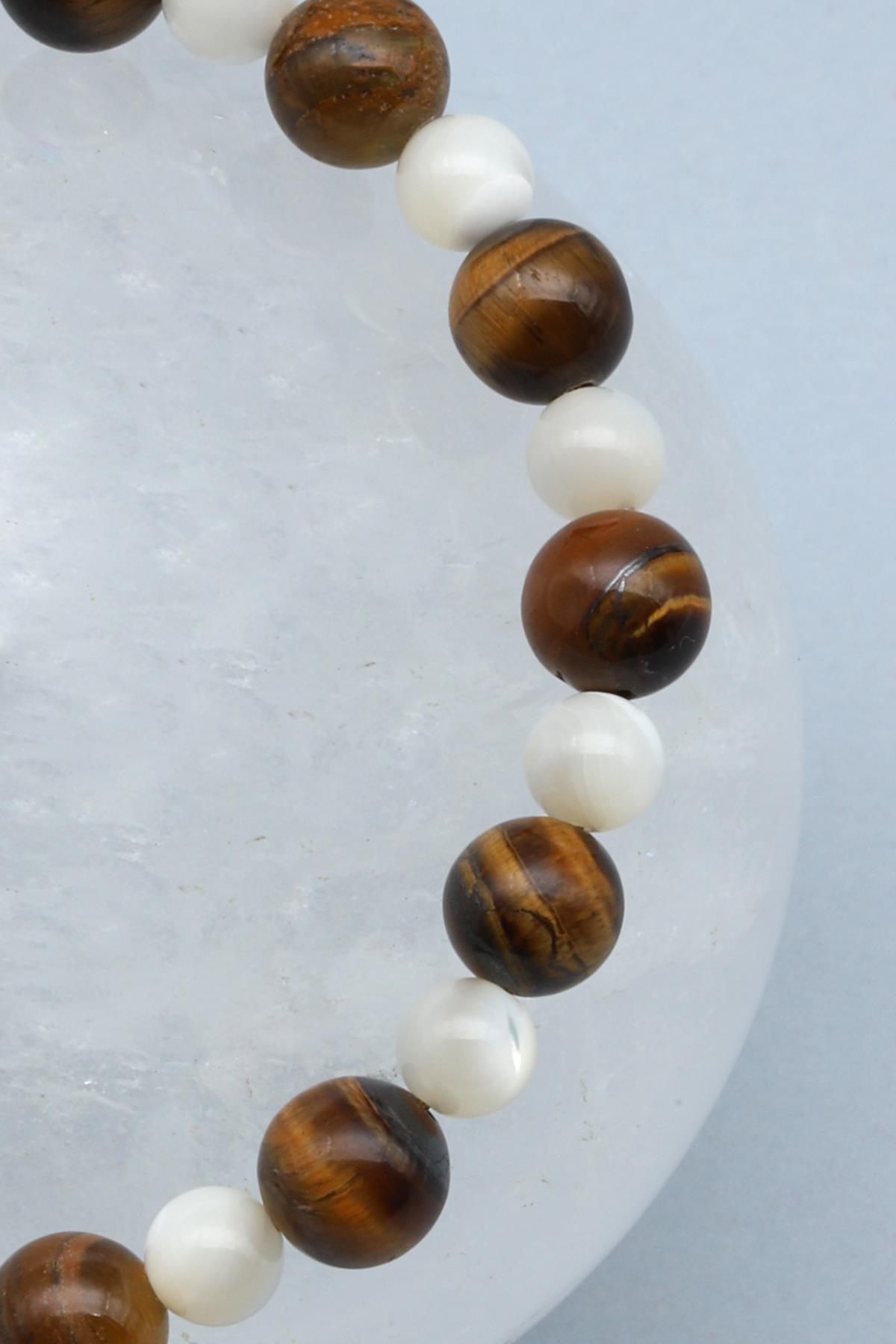 Kaplan Gözü - Sedef Doğal Taş Makrome Örme Bileklik