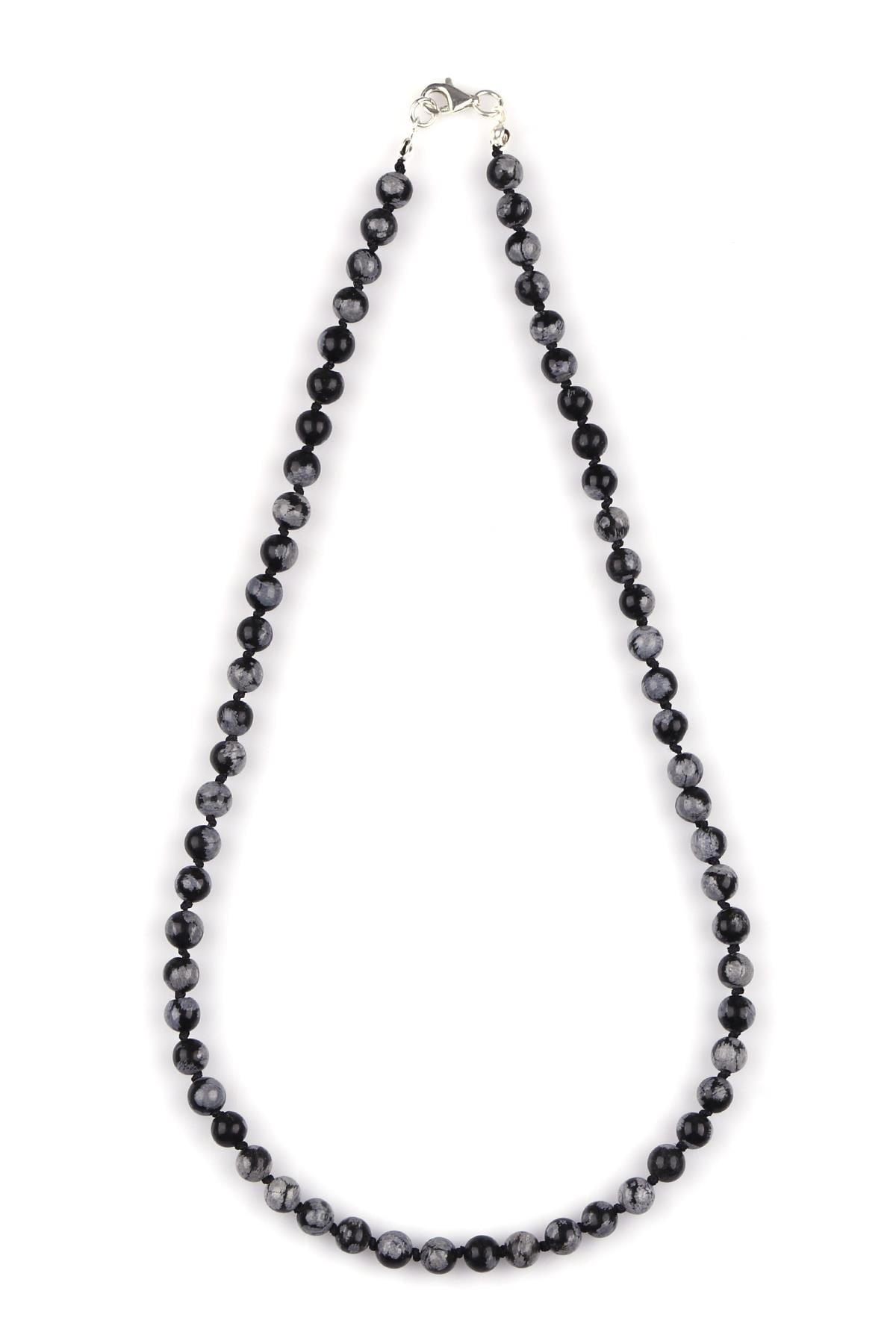 Karlı Obsidyen Doğal Taş 6 mm Düğümlü Kolye