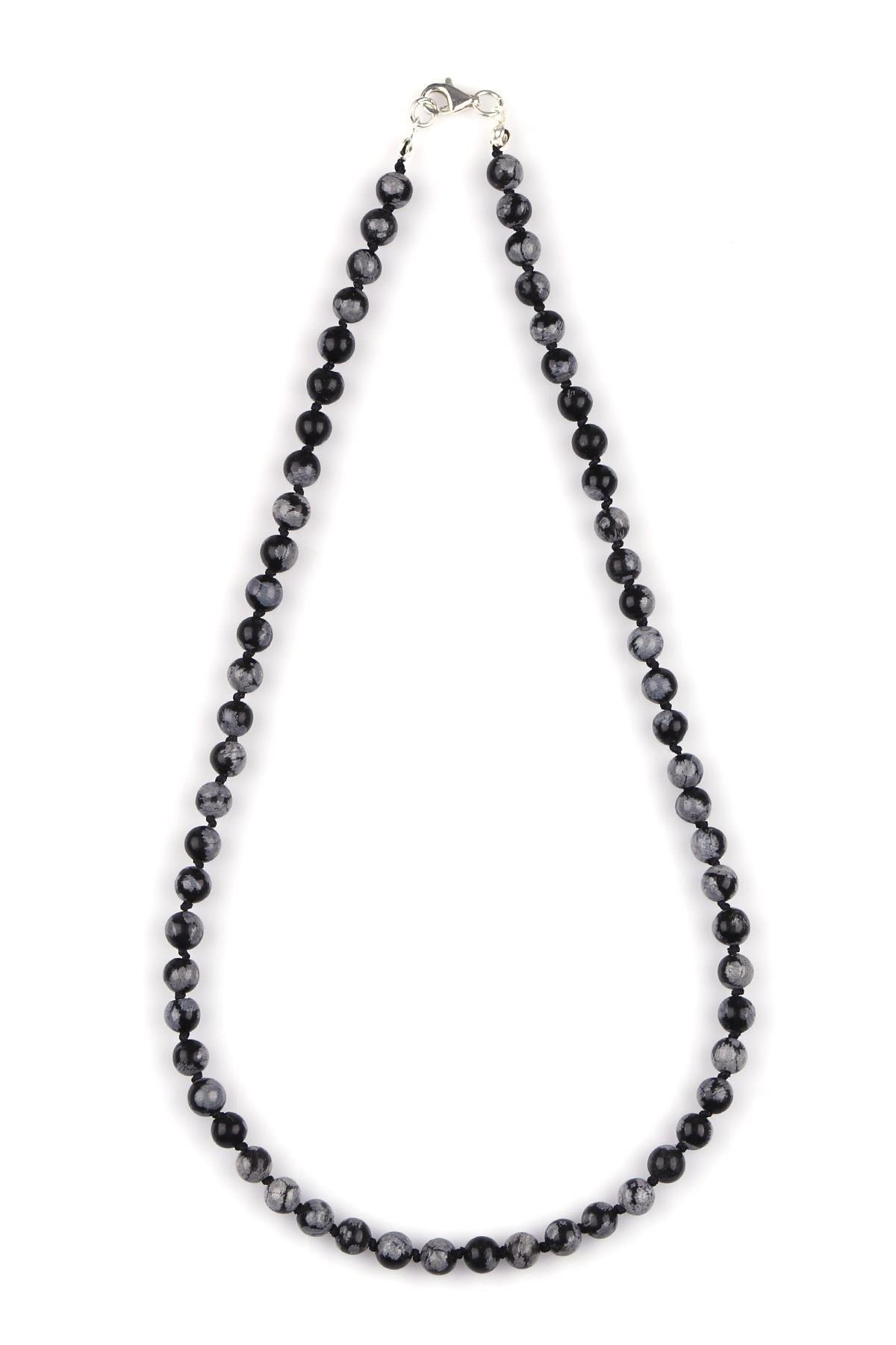 Karlı Obsidyen Doğal Taş 6 mm Düğümlü Kolye