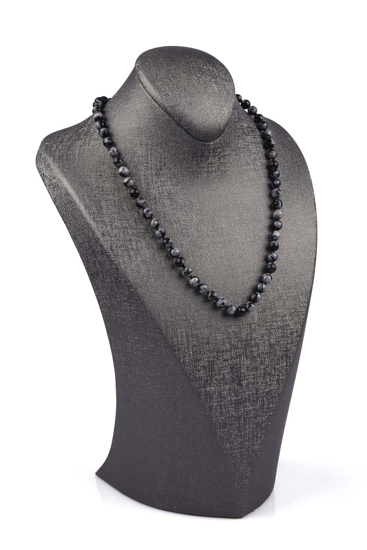 Karlı Obsidyen Doğal Taş 6 mm Düğümlü Kolye