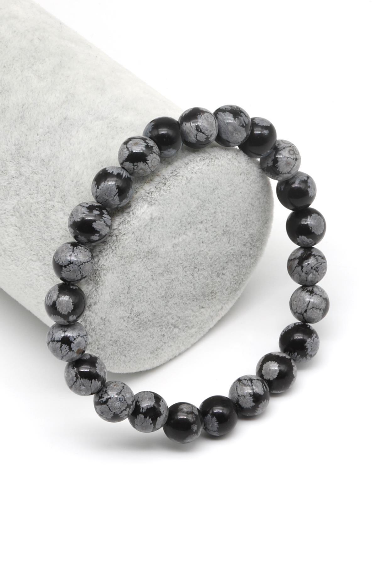 Karlı Obsidyen Doğal Taş Bileklik 8 mm Küre Kesim