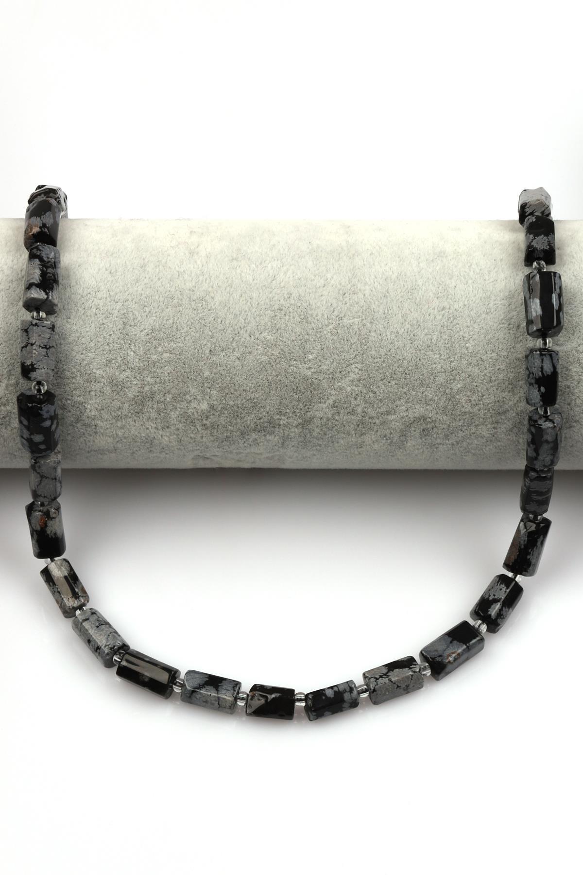 Karlı Obsidyen Doğal Taş Dizi 7 x 12 mm Boru Kesim