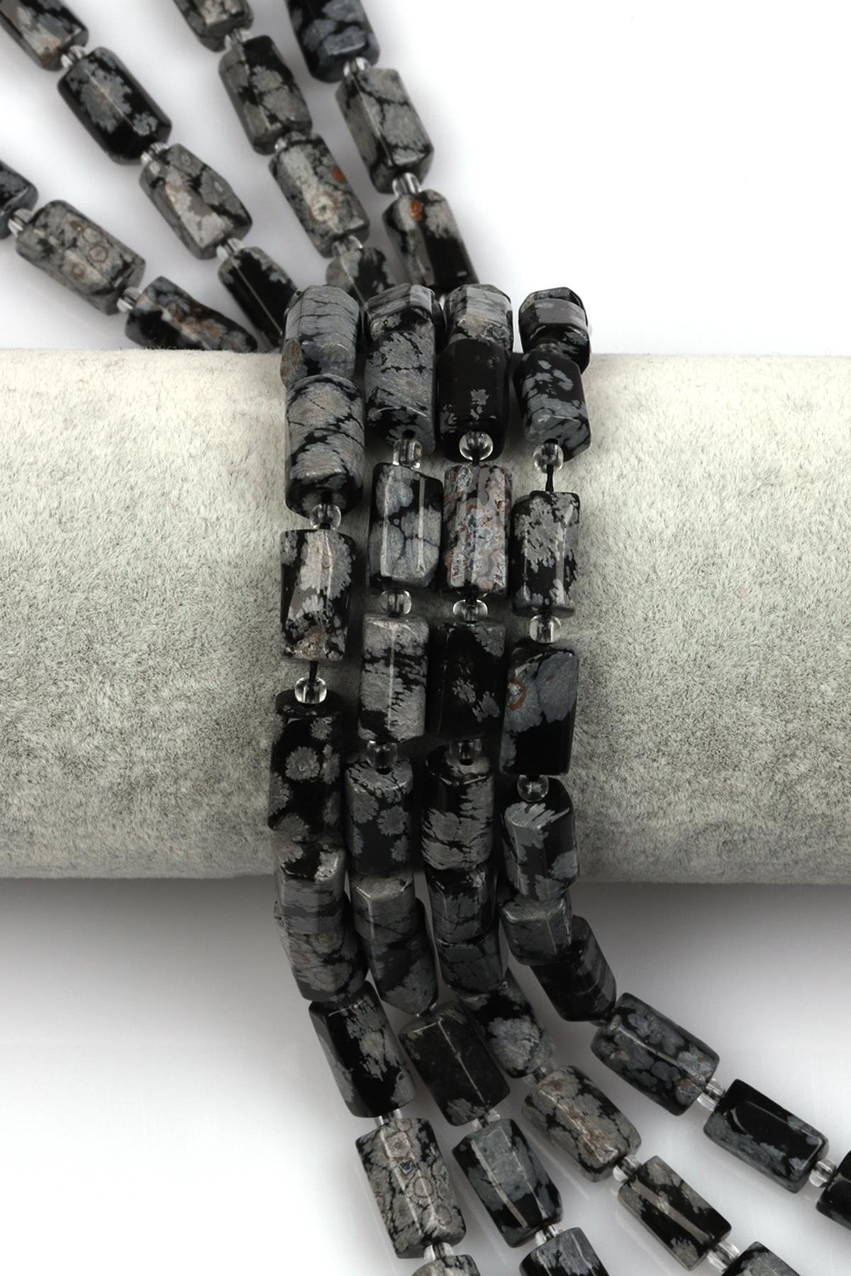 Karlı Obsidyen Doğal Taş Dizi 7 x 12 mm Boru Kesim