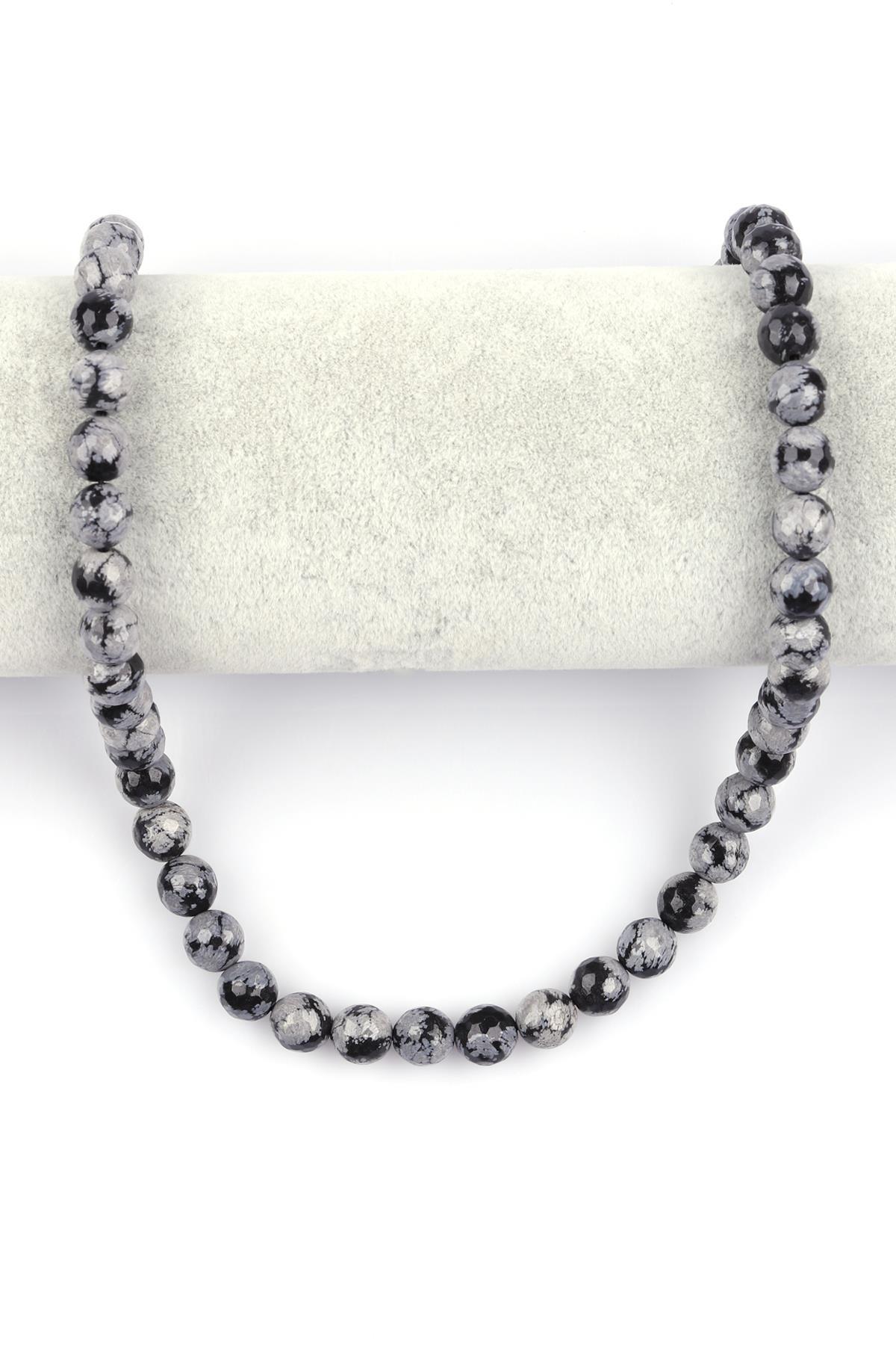 Karlı Obsidyen Doğal Taş Dizi 8 mm Fasetli Küre Kesim 