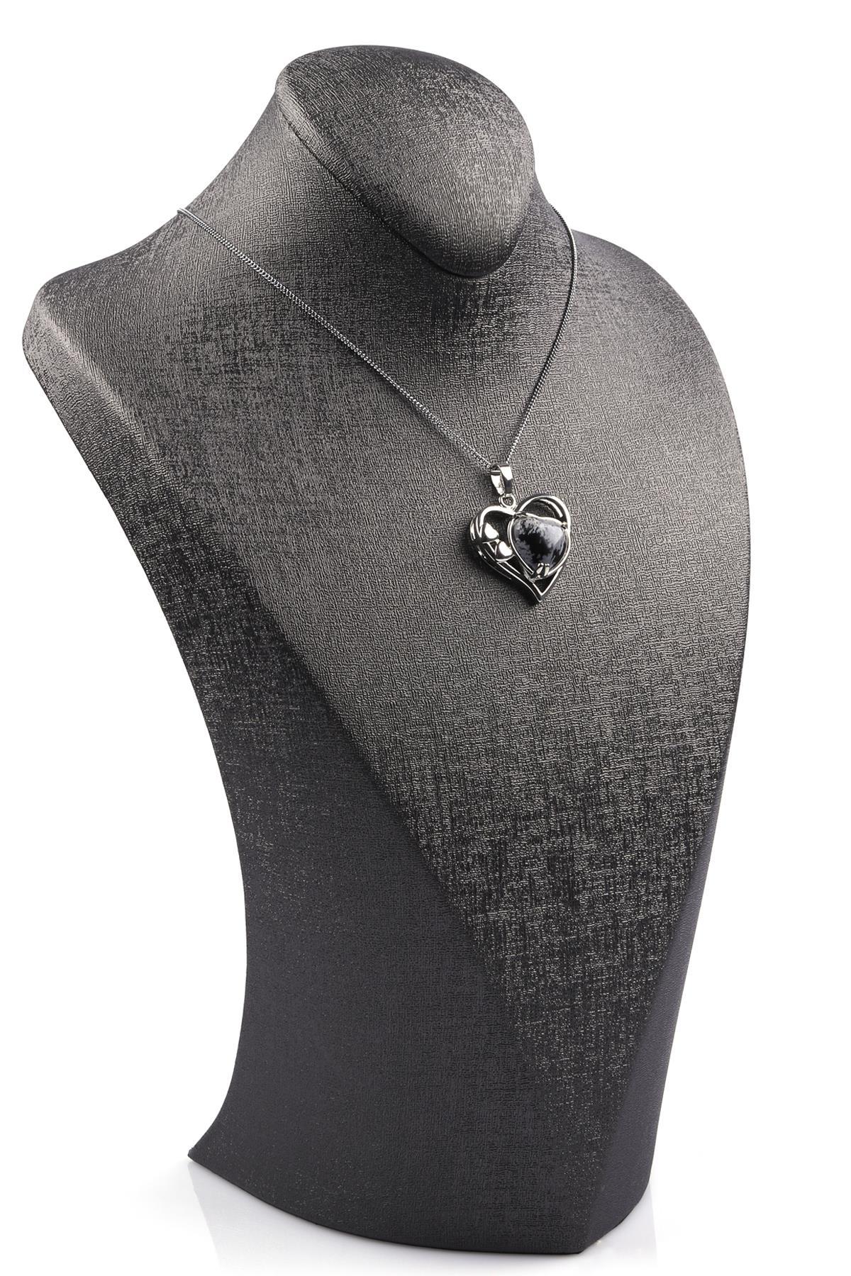 Karlı Obsidyen Doğal Taş Kalp Model Kolye 