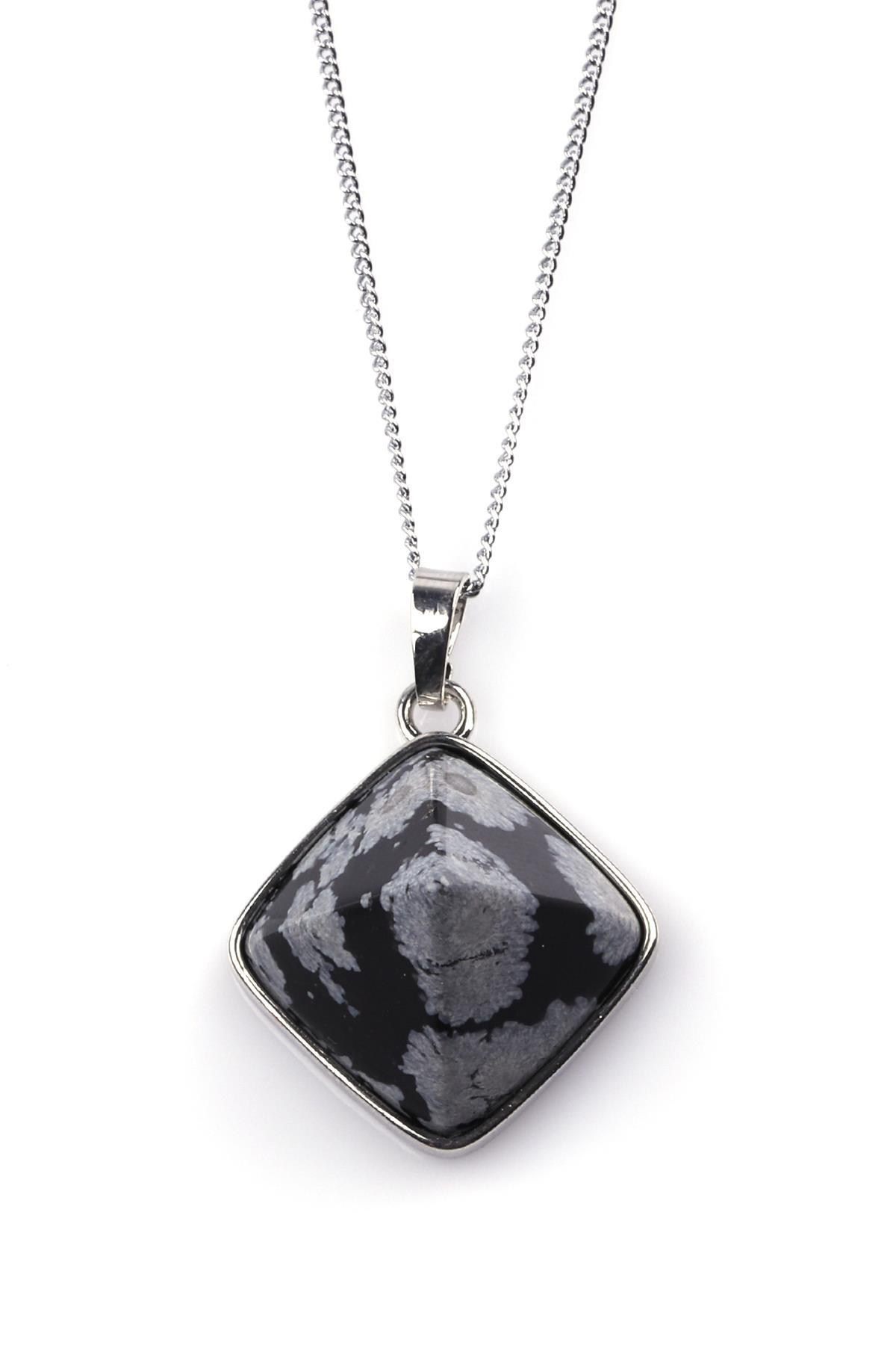 Karlı Obsidyen Doğal Taş Piramit Model Kolye