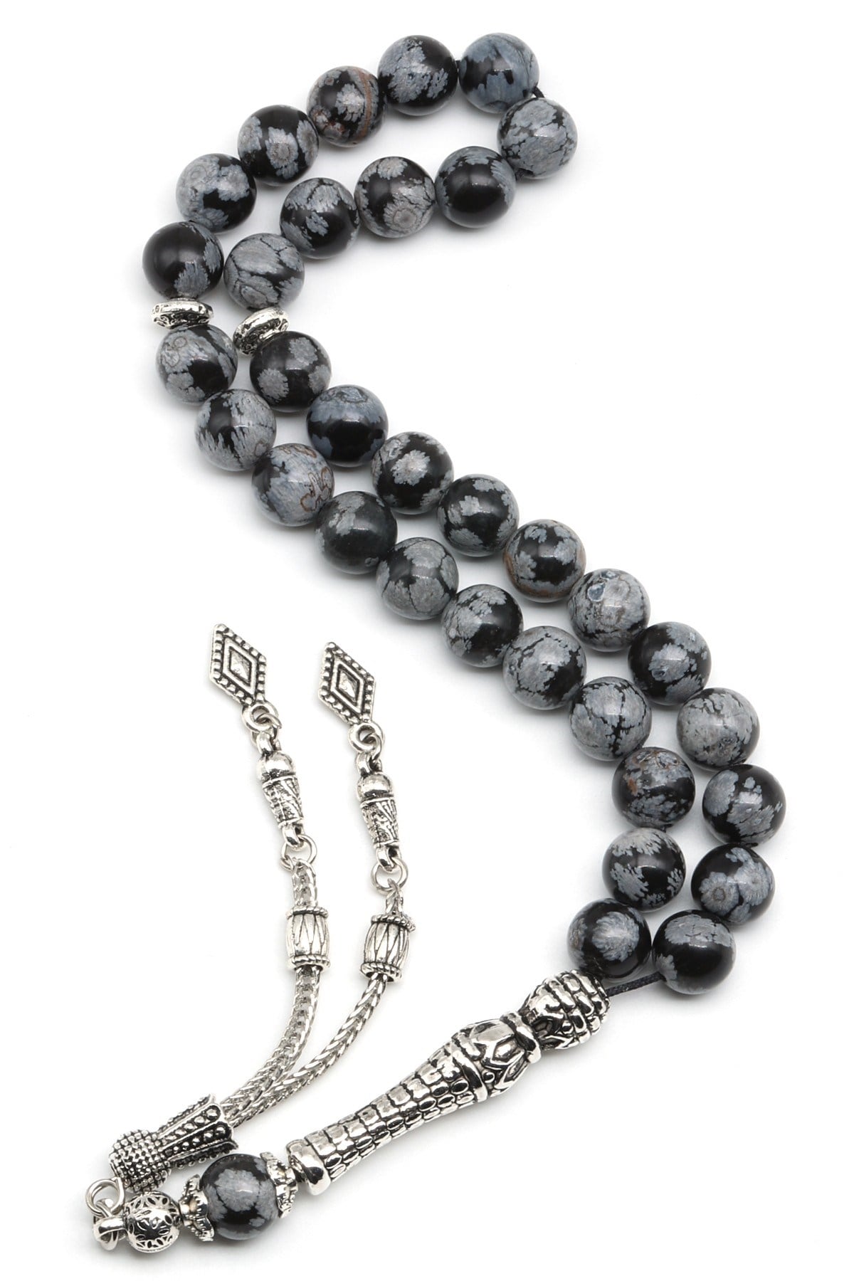 Karlı Obsidyen Doğal Taş Tesbih 8 mm Küre Kesim TSB-0577