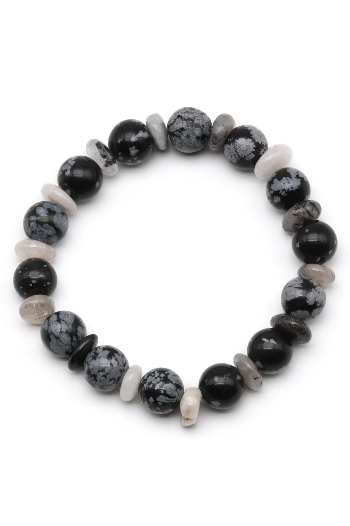 Karlı Obsidyen-Rutil Kuvars Doğal Taş Tasarım Bileklik 10 mm Küre Kesim