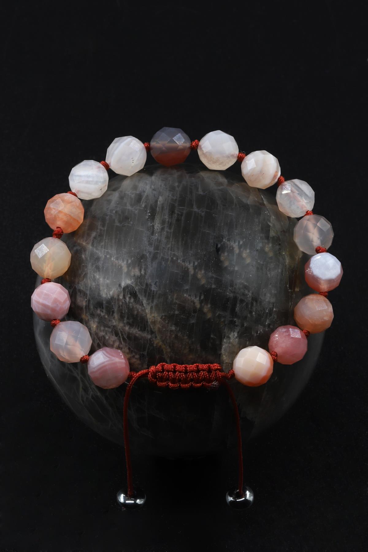 Karnelyan Akik Doğal Taş Fasetli Kesim Makrome Örme Bileklik