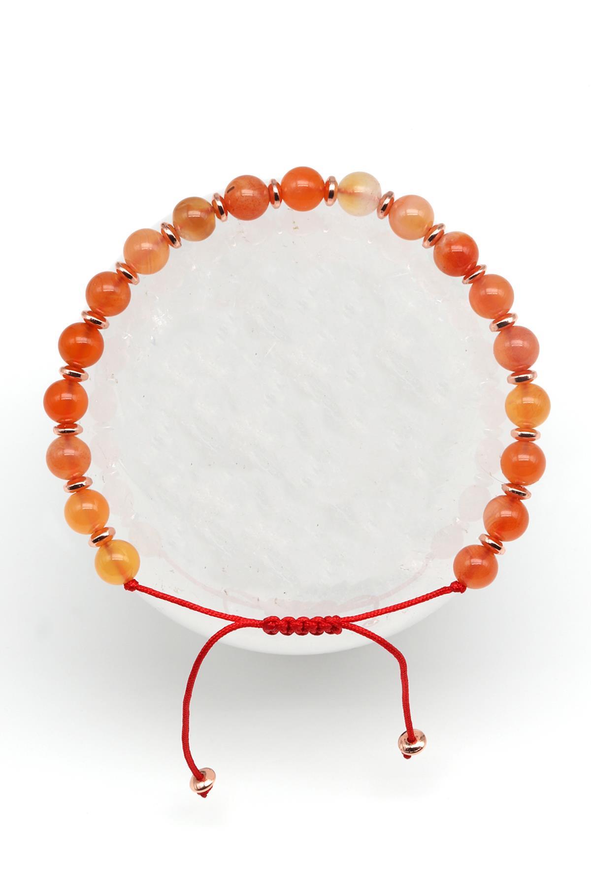 Karnelyan Akik Doğal Taş Makrome Örme Bileklik Küre Kesim