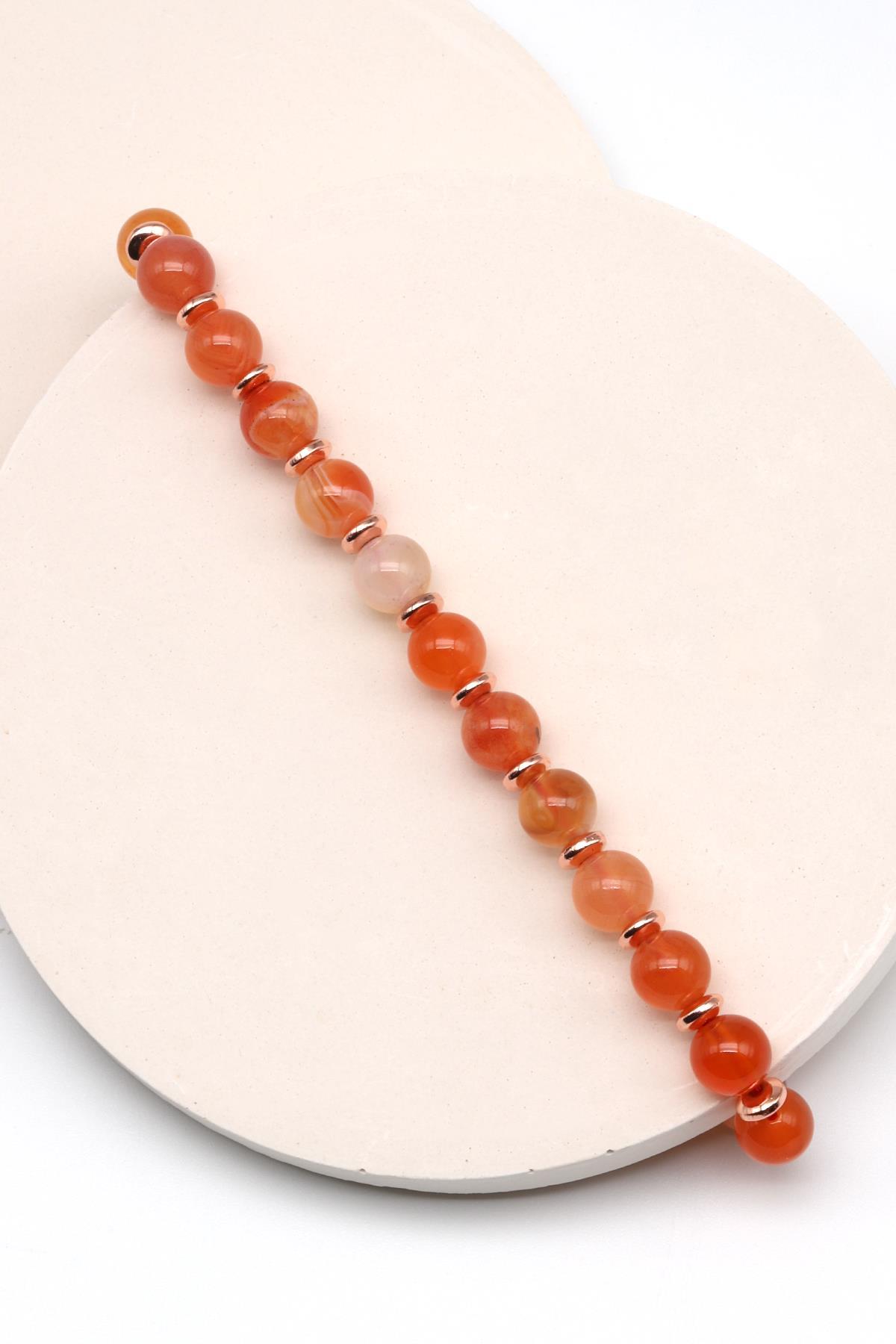 Karnelyan Akik Doğal Taş Makrome Örme Bileklik Küre Kesim