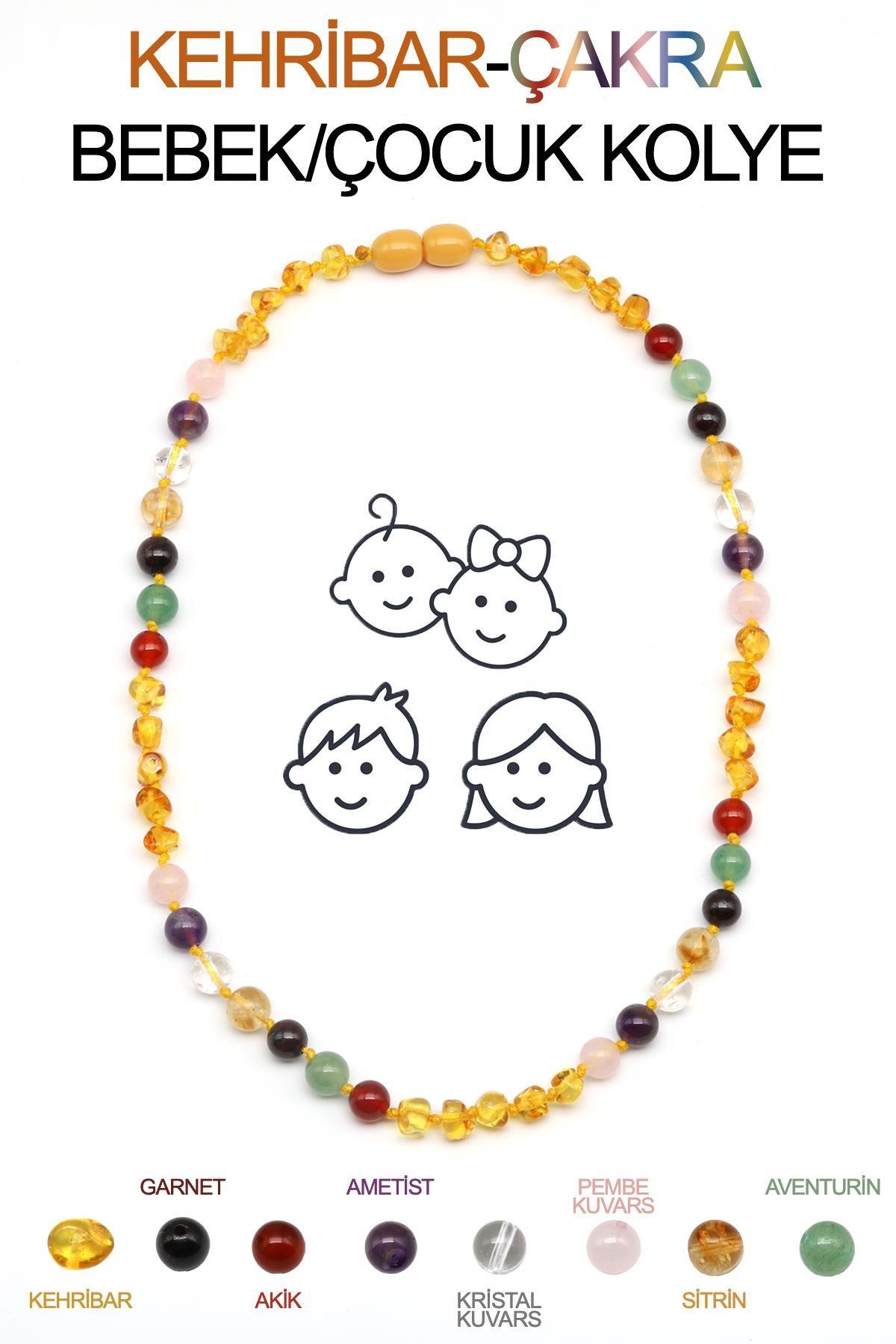 Kehribar-Çakra Doğal Taş Bebek/Çocuk Kolyesi-35 cm