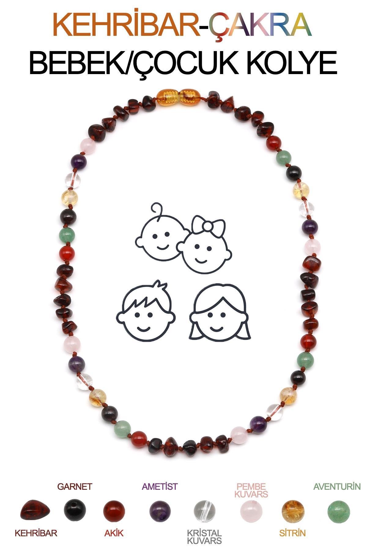 Kehribar-Çakra Doğal Taş Bebek/Çocuk Kolyesi-35 cm