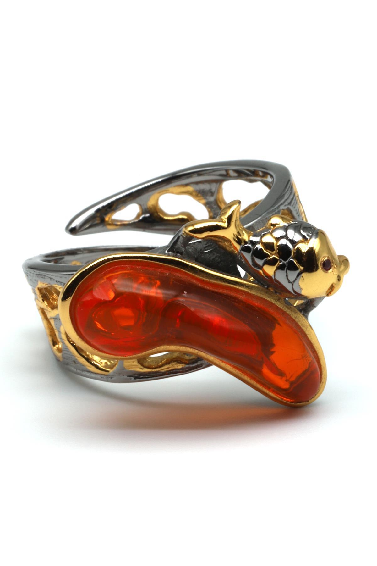 Kehribar Doğal Taş 925 Ayar Gümüş Ayarlanabilir Yüzük