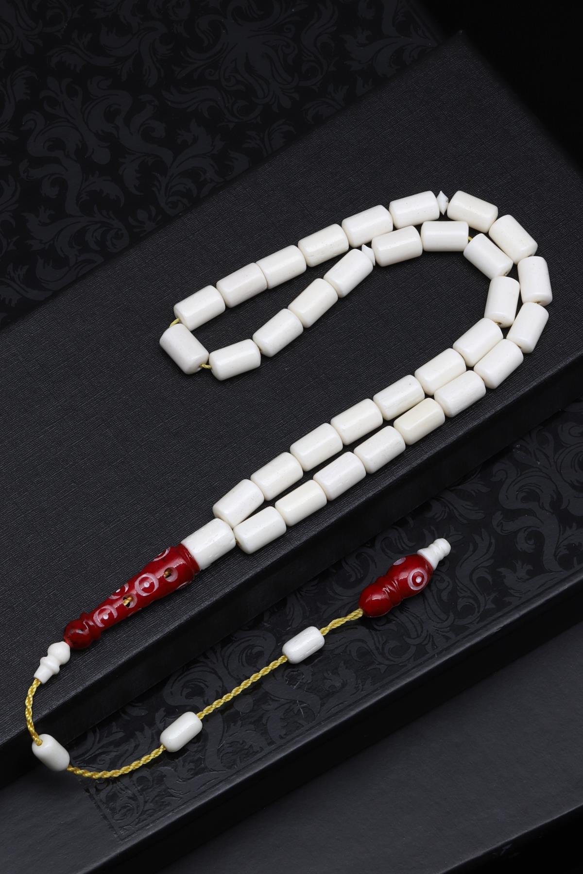 Kırmızı İmameli Kemik Tesbih 6 x 9 mm Silindir Kesim