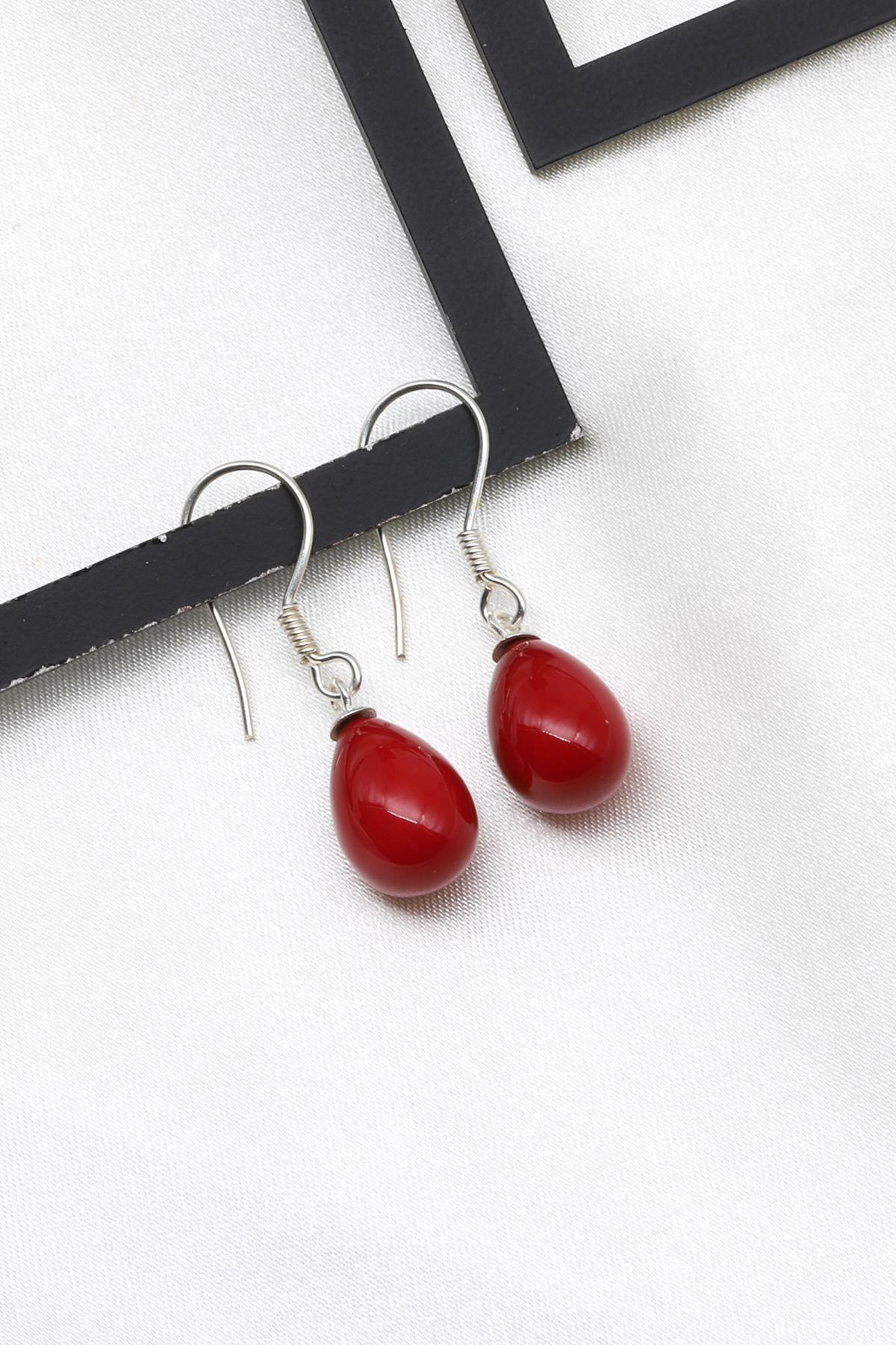 Kırmızı Renkli Mayorka İnci Doğal Taş 925 Ayar Gümüş Küpe