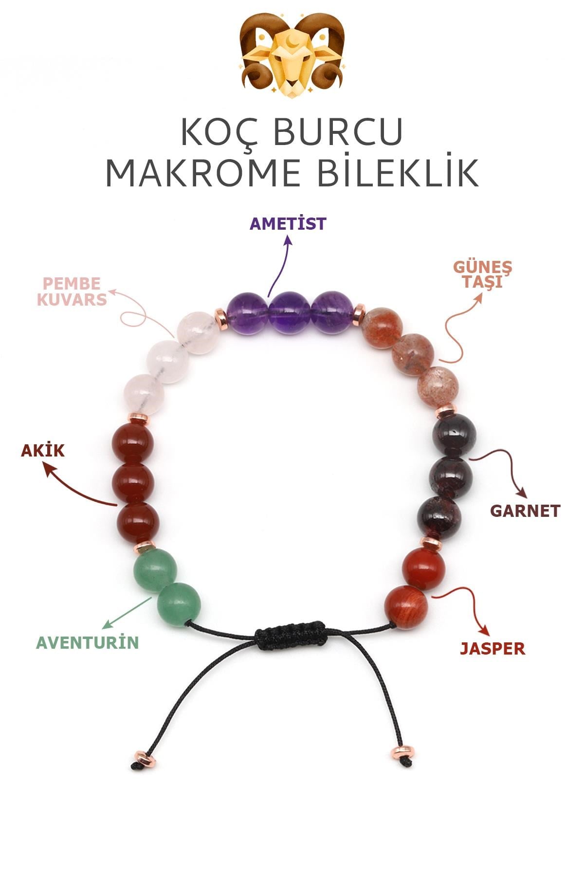 Koç Burcu Taşlarından Oluşan Doğal Taş Makrome Bileklik 8 mm Küre Kesim - Burç Bilekliği