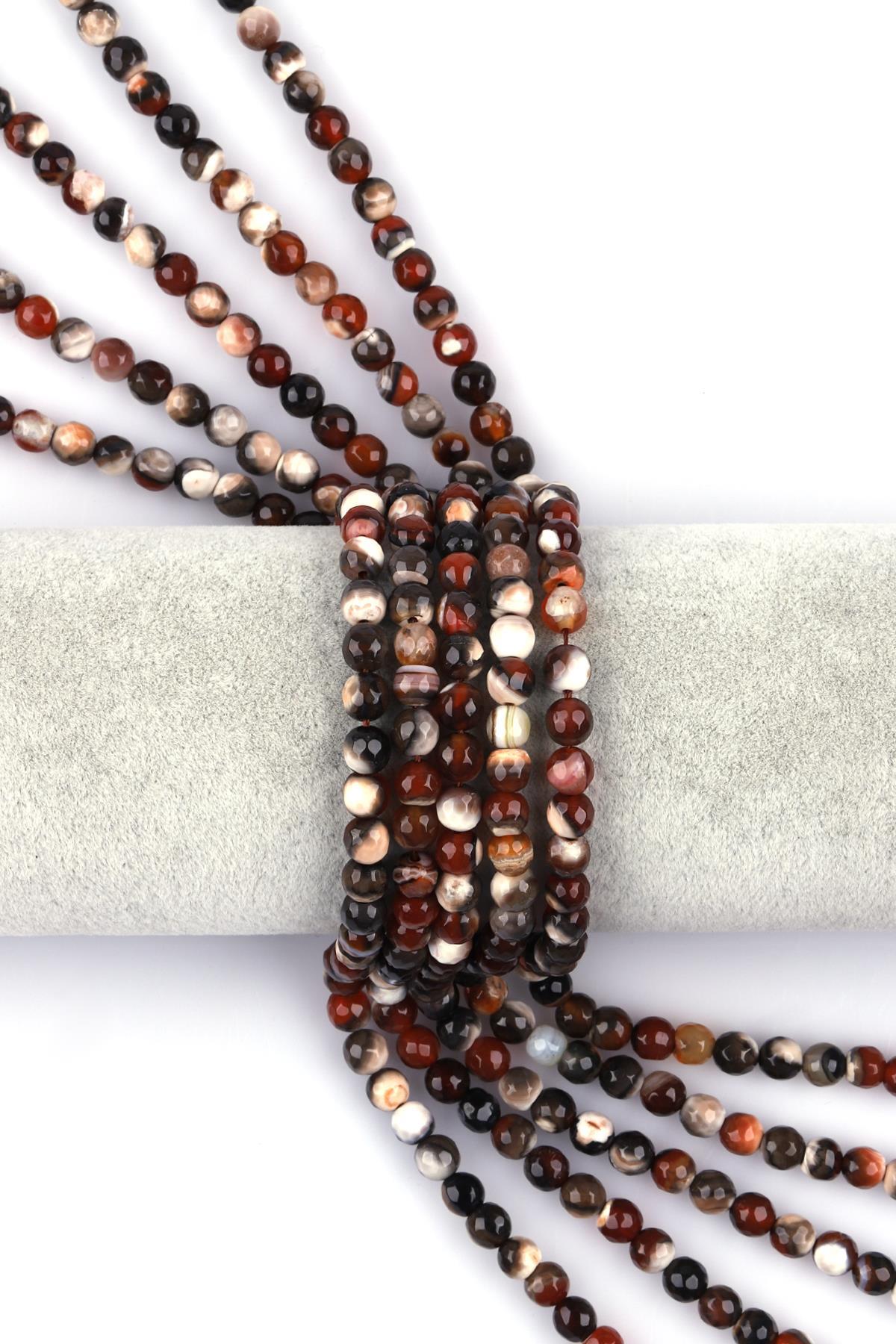 Koyu Kahverengi Akik Doğal Taş Dizi 6 mm Fasetli Küre Kesim