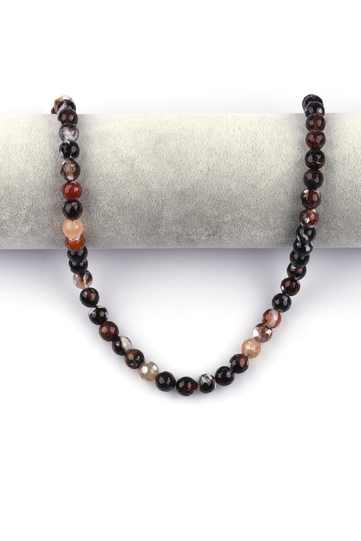 Koyu Kahverengi Akik Doğal Taş Dizi 8 mm Fasetli Küre Kesim