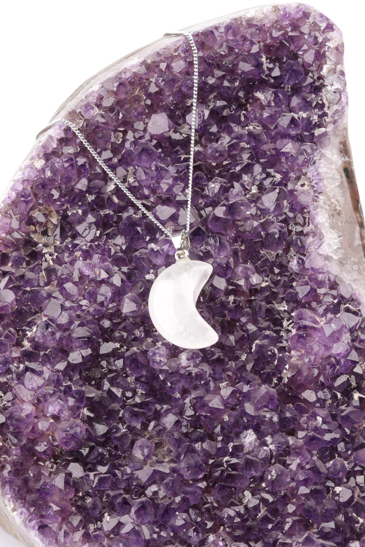 Kristal Kuvars Doğal Taş Ay Model Kolye