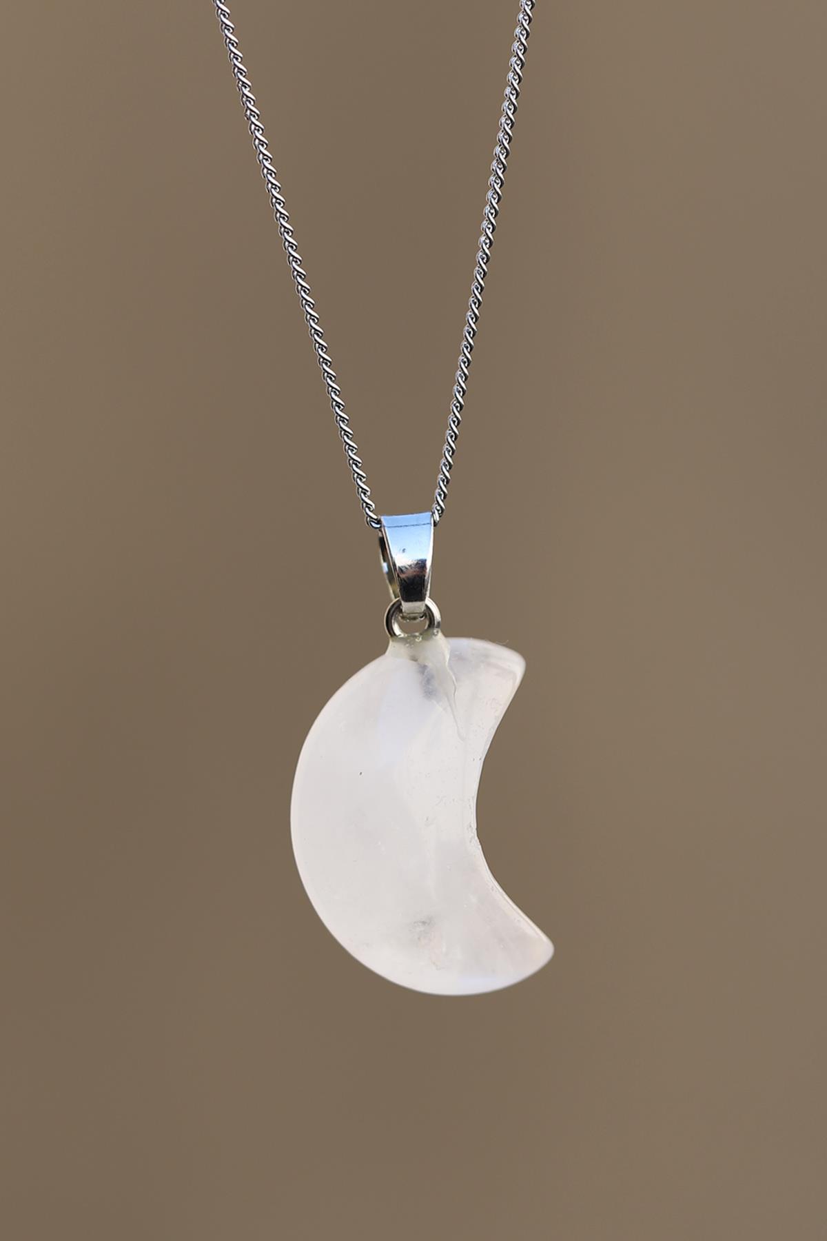 Kristal Kuvars Doğal Taş Ay Model Kolye