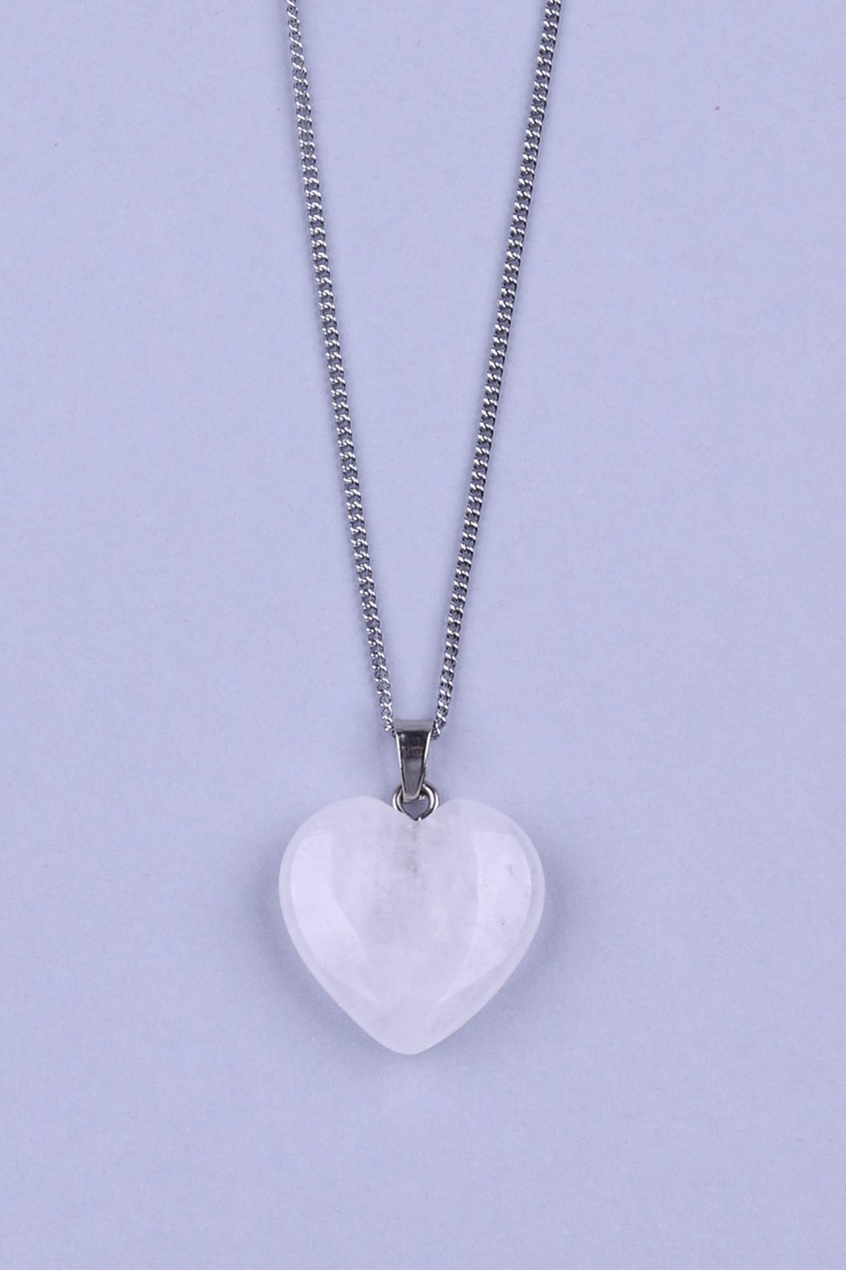 Kristal Kuvars Doğal Taş Kalp Model Kolye 