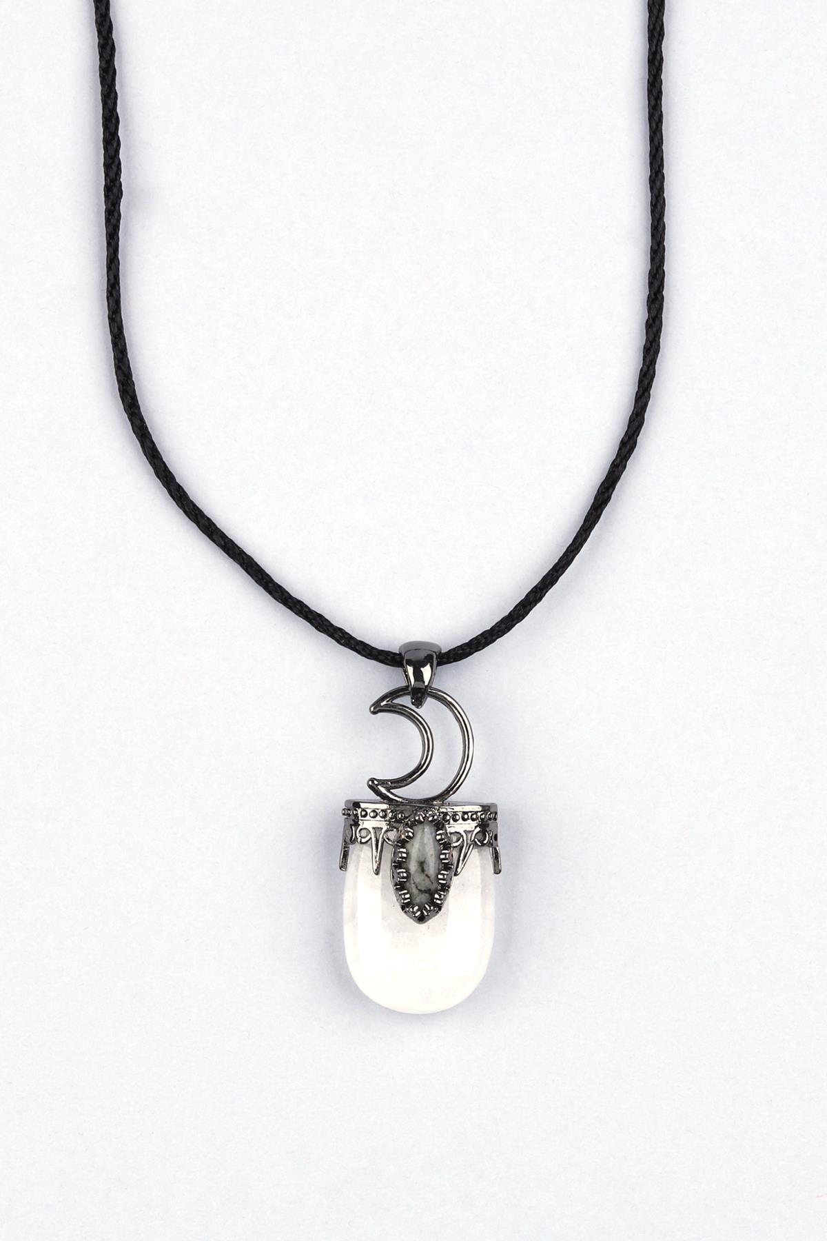 Kristal Kuvars Doğal Taş Siyah İpli Kolye