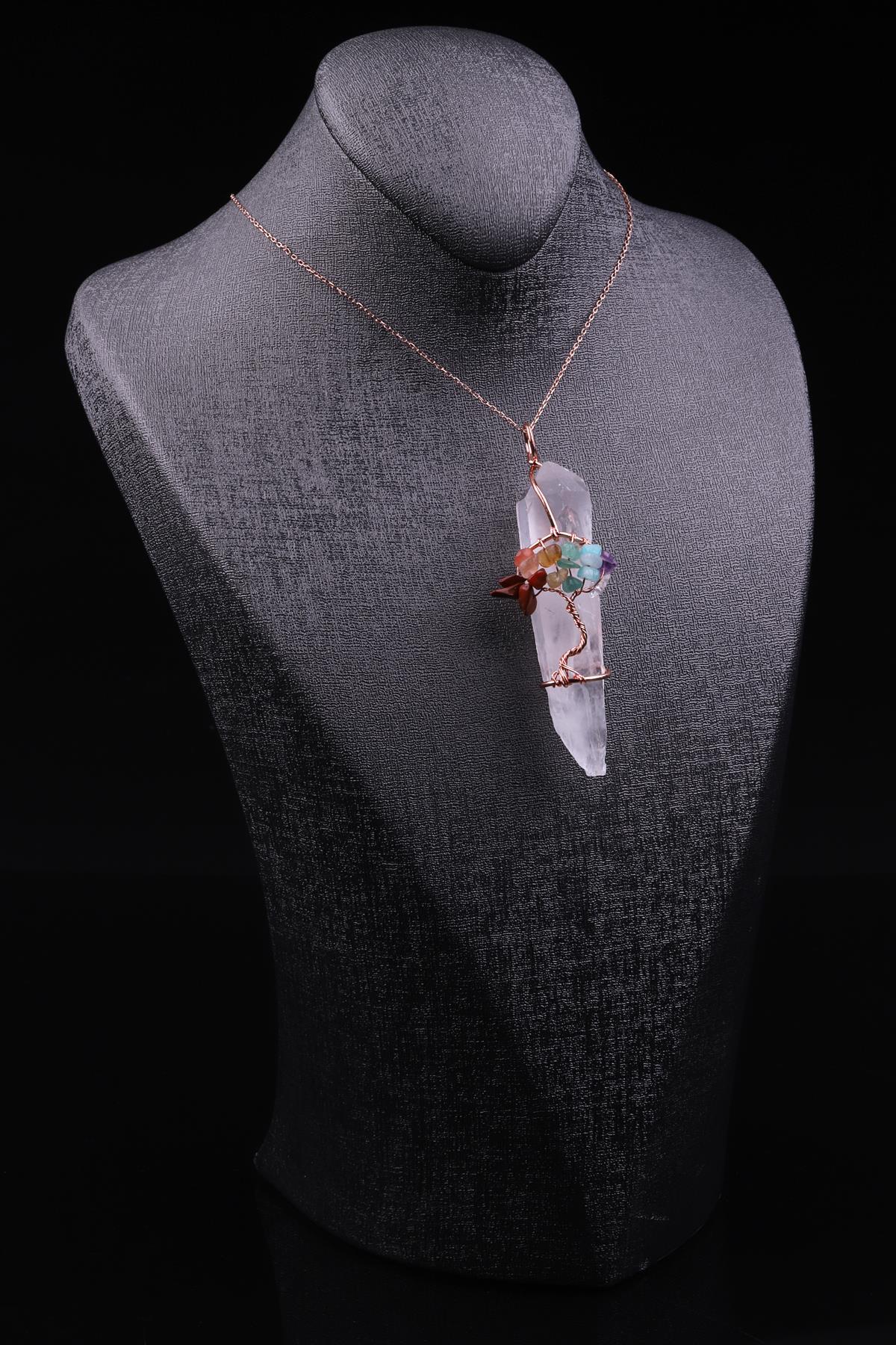 Kristal Kuvars Doğal Taş Tel Sarmalı Çakra Kolye