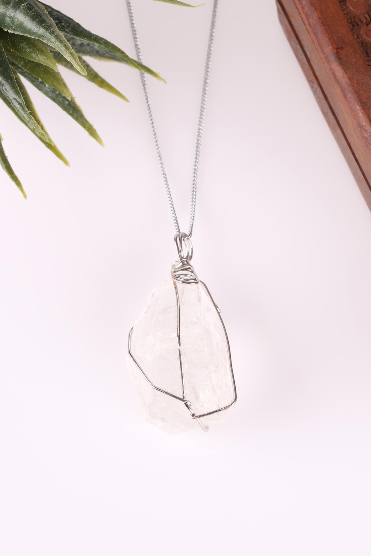 Kristal Kuvars Doğal Taş Tel Sarmalı Kolye