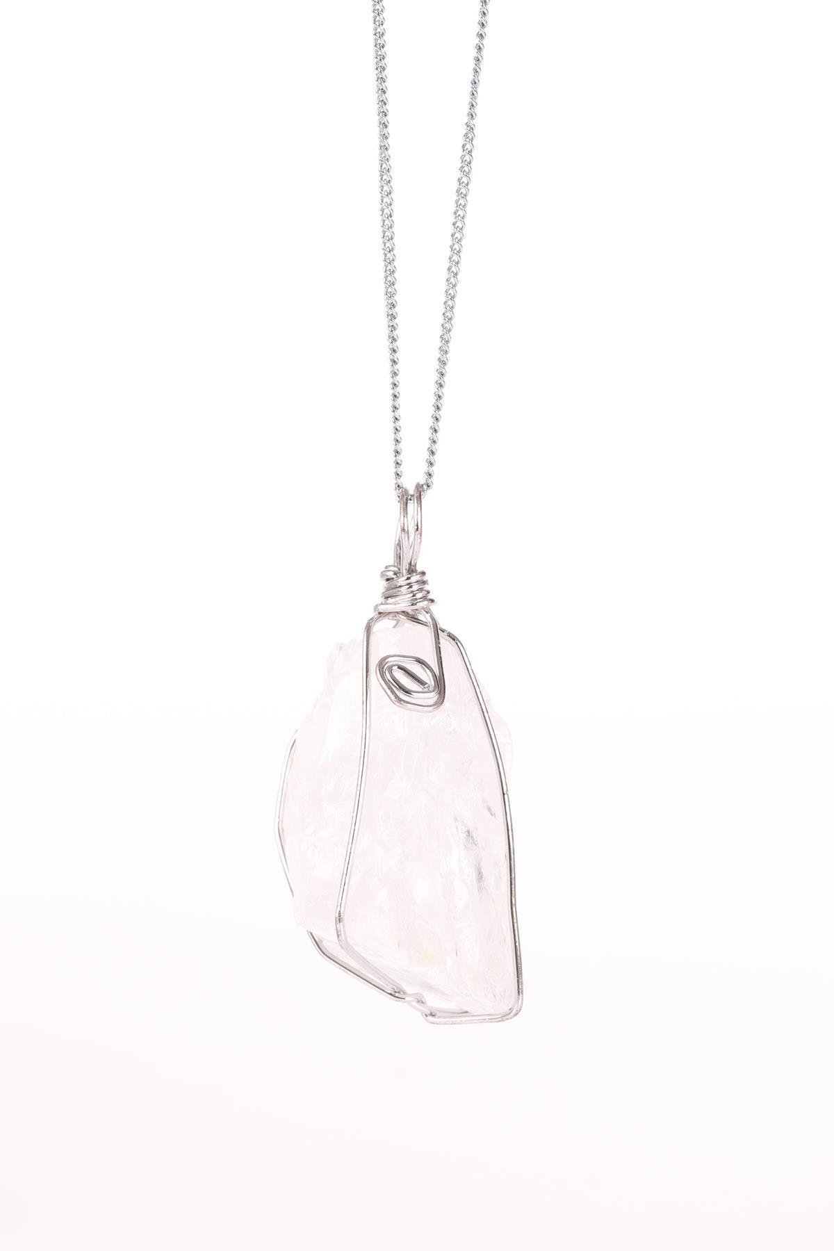 Kristal Kuvars Doğal Taş Tel Sarmalı Kolye