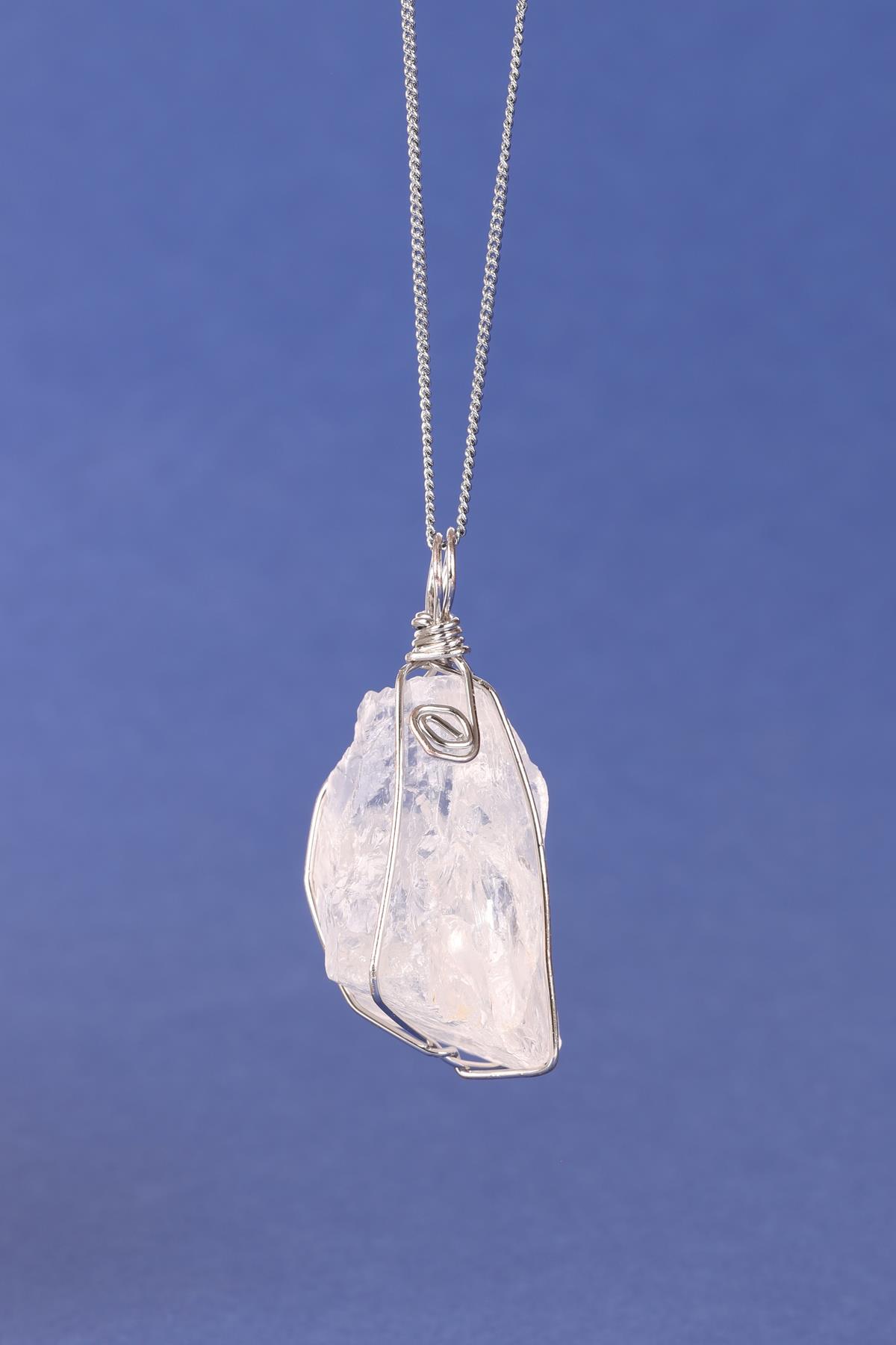 Kristal Kuvars Doğal Taş Tel Sarmalı Kolye