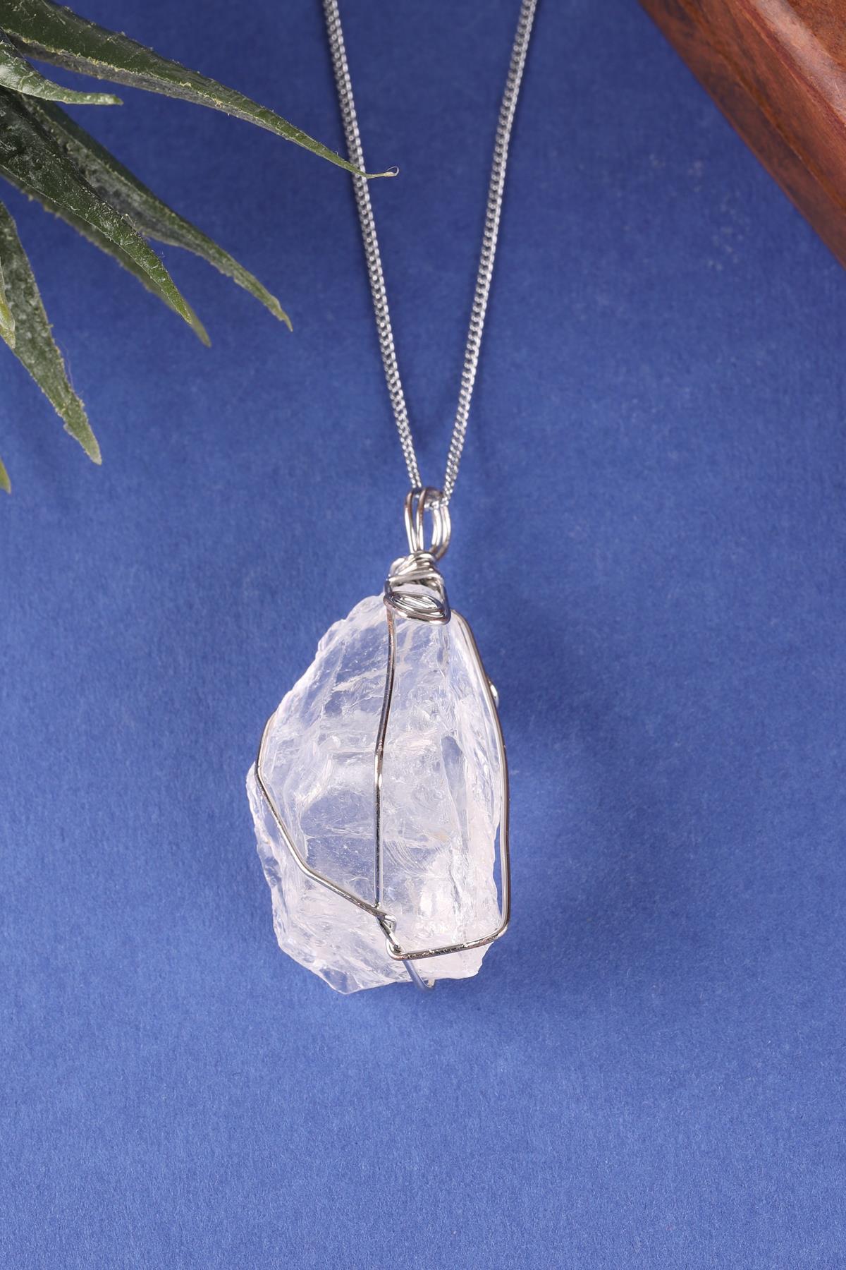 Kristal Kuvars Doğal Taş Tel Sarmalı Kolye