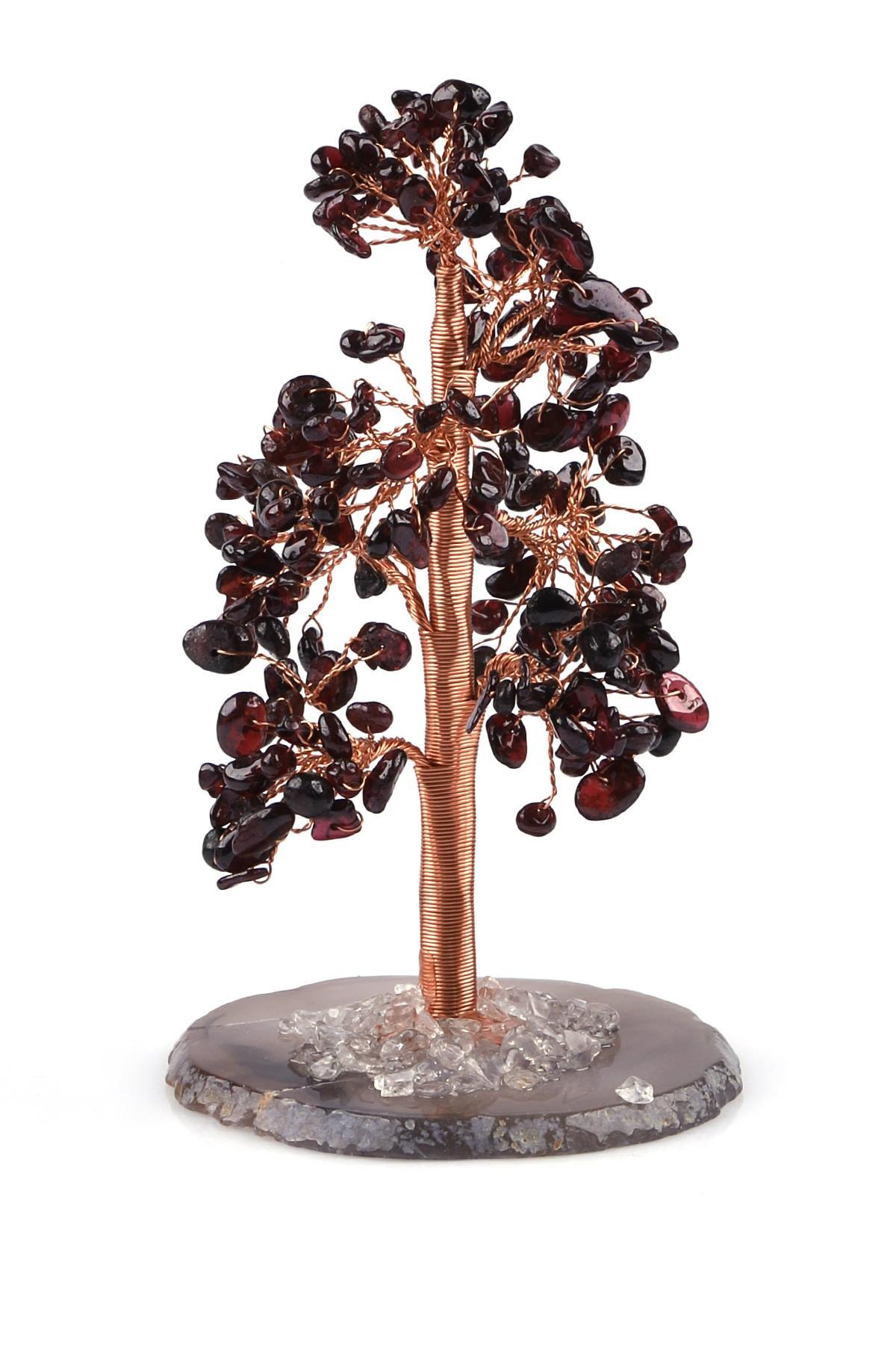 Kristal Kuvars - Garnet-Lal Doğal Taş Tel Sarmalı Tasarım Ağaç