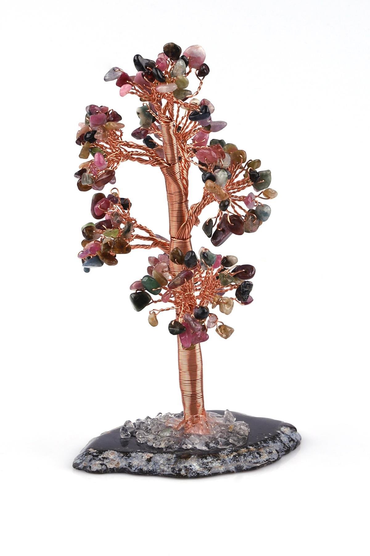 Kristal Kuvars - Turmalin Doğal Taş Tel Sarmalı Tasarım Ağaç