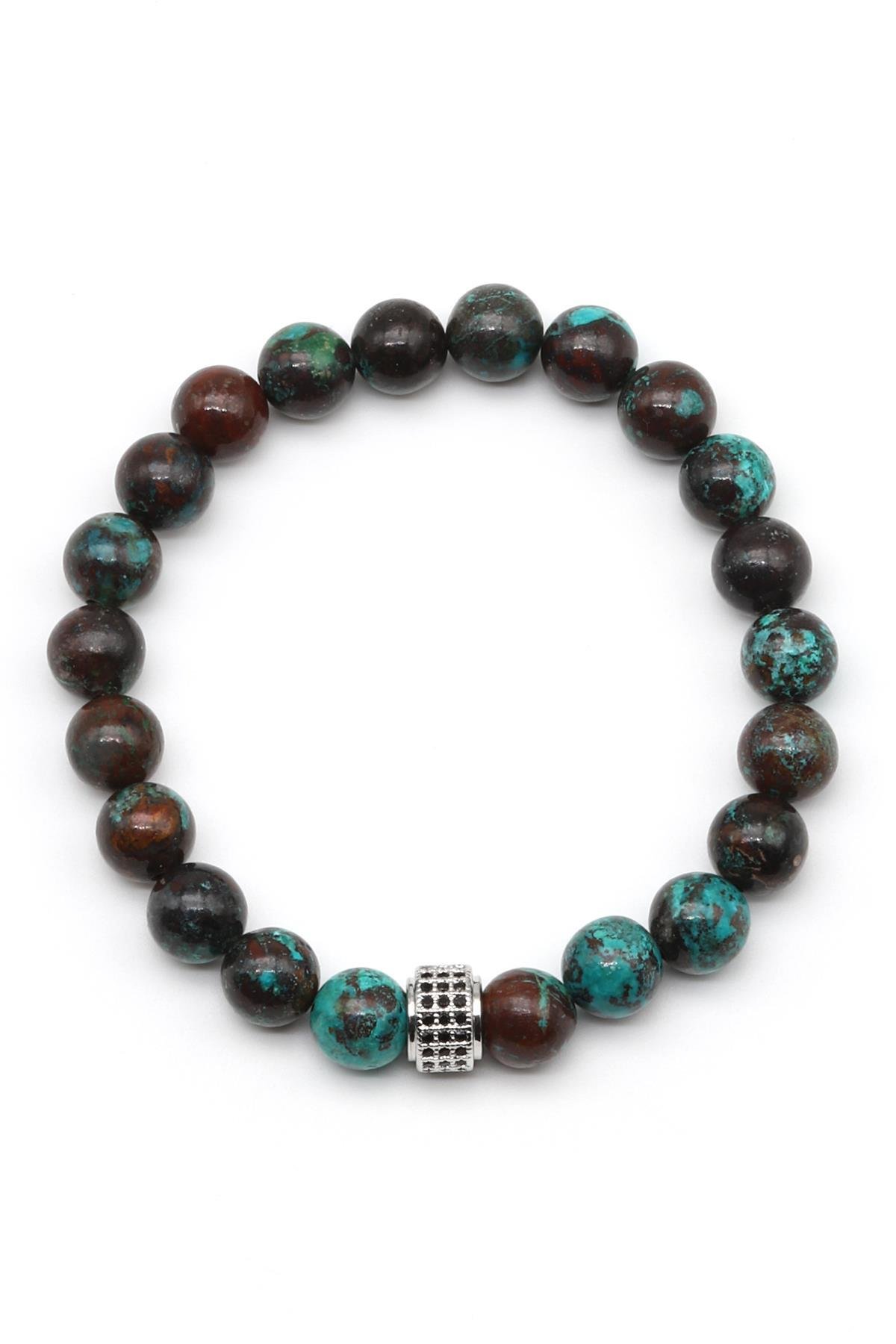 Krizokol Doğal Taş Zirkon Detaylı Bileklik 8 mm Küre Kesim