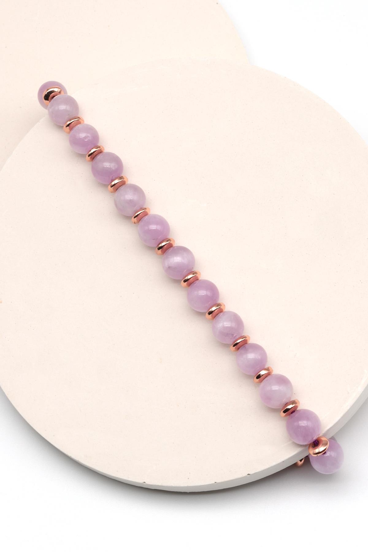 Kunzit Doğal Taş Makrome Örme Bileklik Küre Kesim