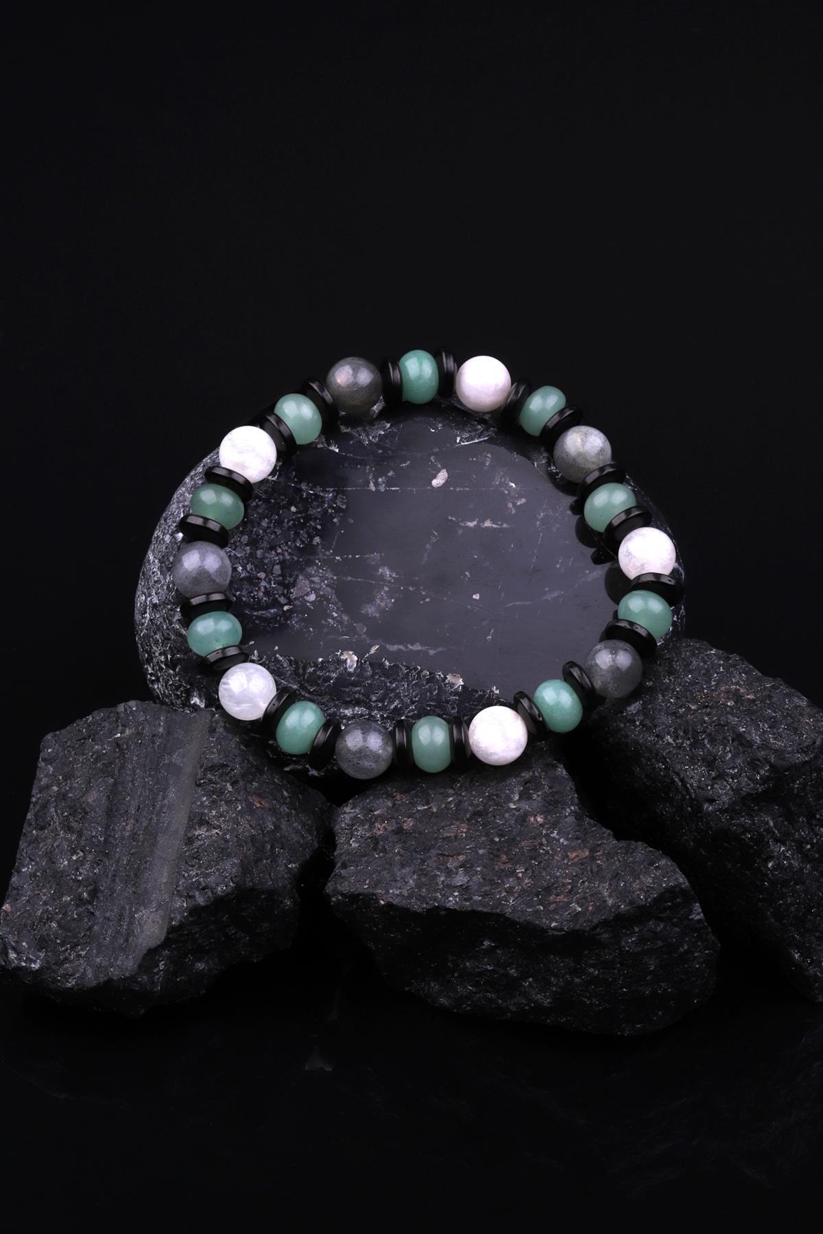 Labradorit - Aventurin - Ay Taşı - Kokonat Doğal Taş Tasarım Bileklik 