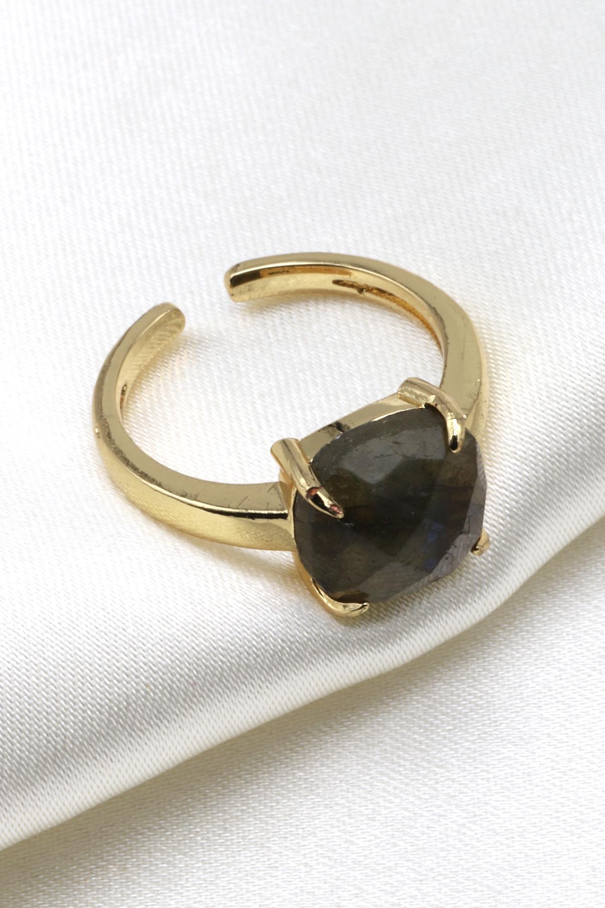 Labradorit Doğal Taş Ayarlanabilir Gold Renk Yüzük