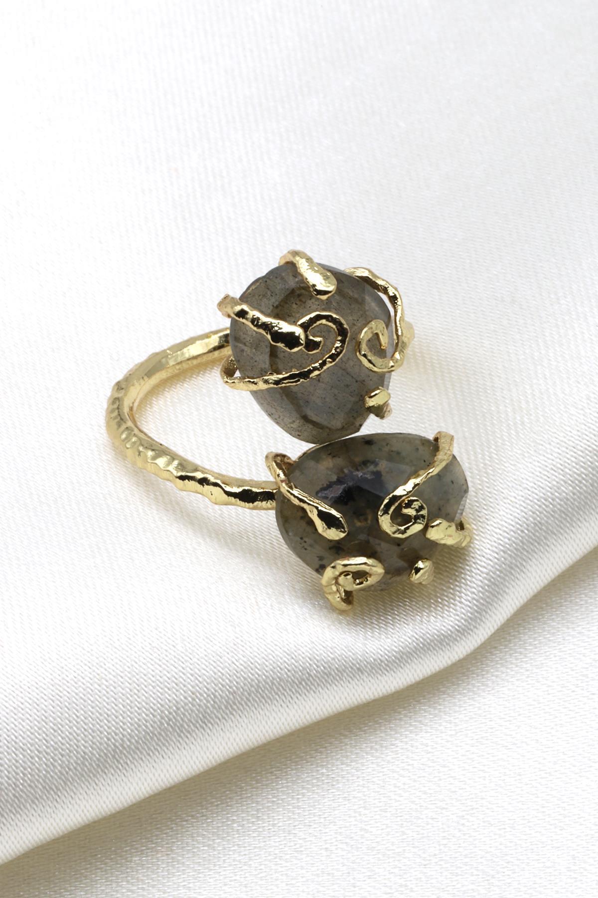 Labradorit Doğal Taş Ayarlanabilir Gold Renk Yüzük