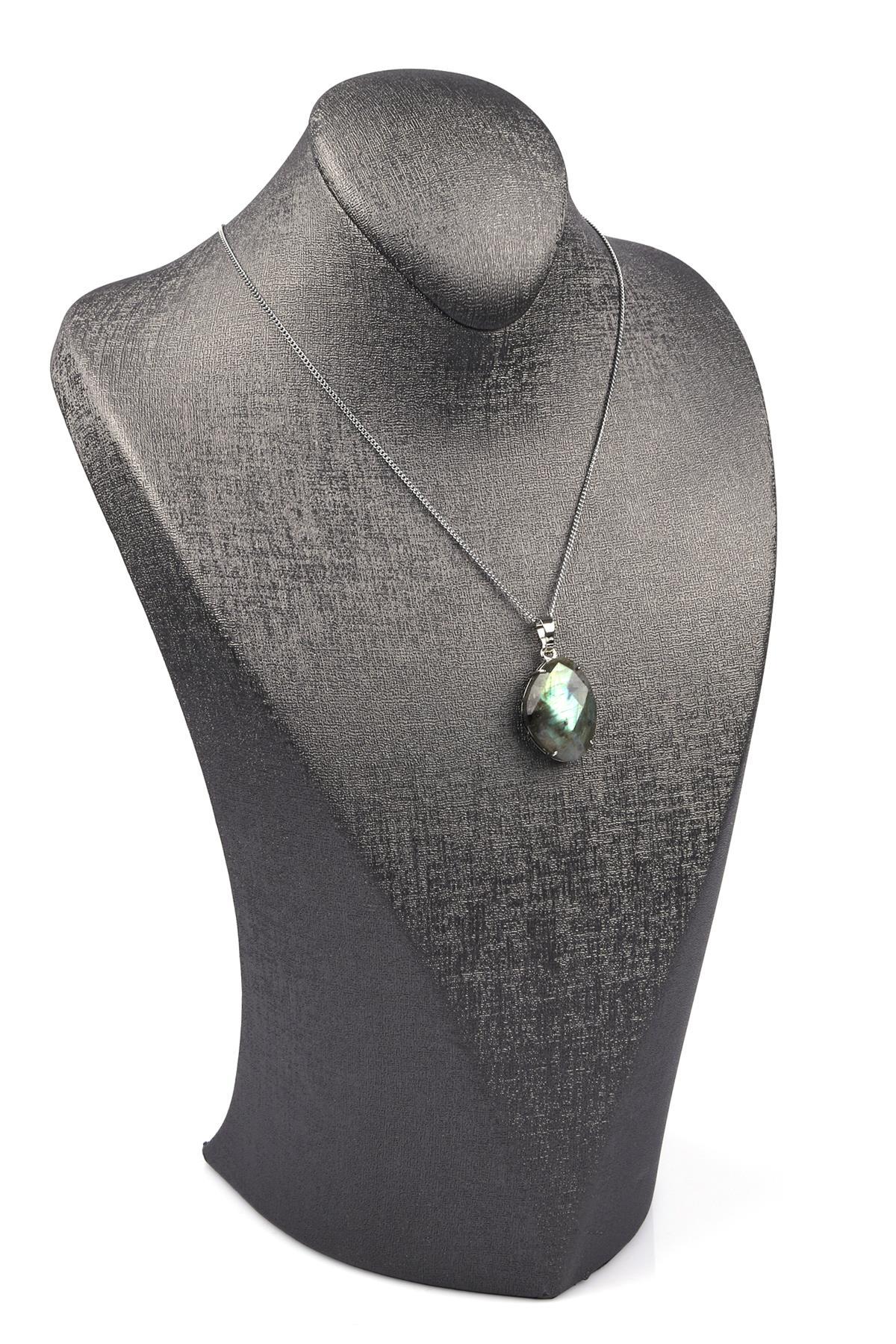 Labradorit Doğal Taş Gümüş Renkli Kolye