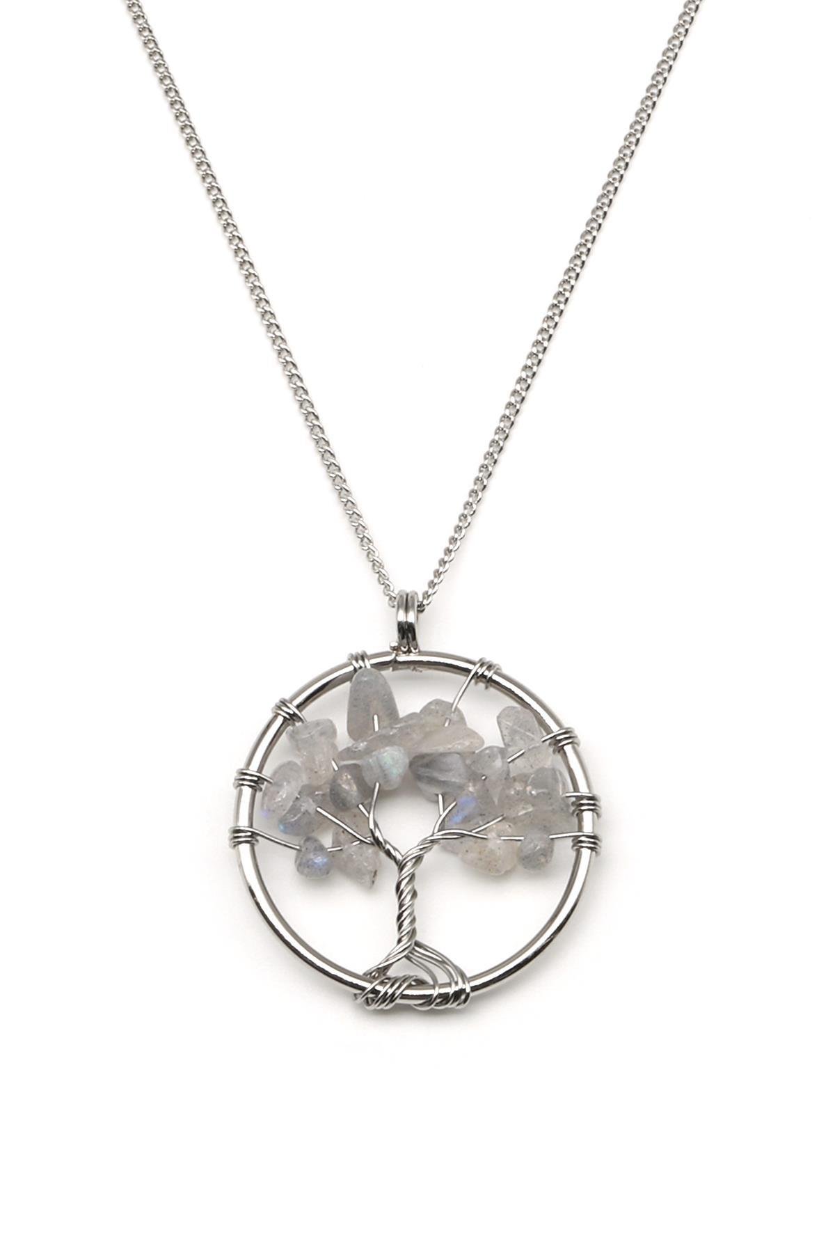 Labradorit Doğal Taş Tel Sarmalı Hayat Ağacı Kolye