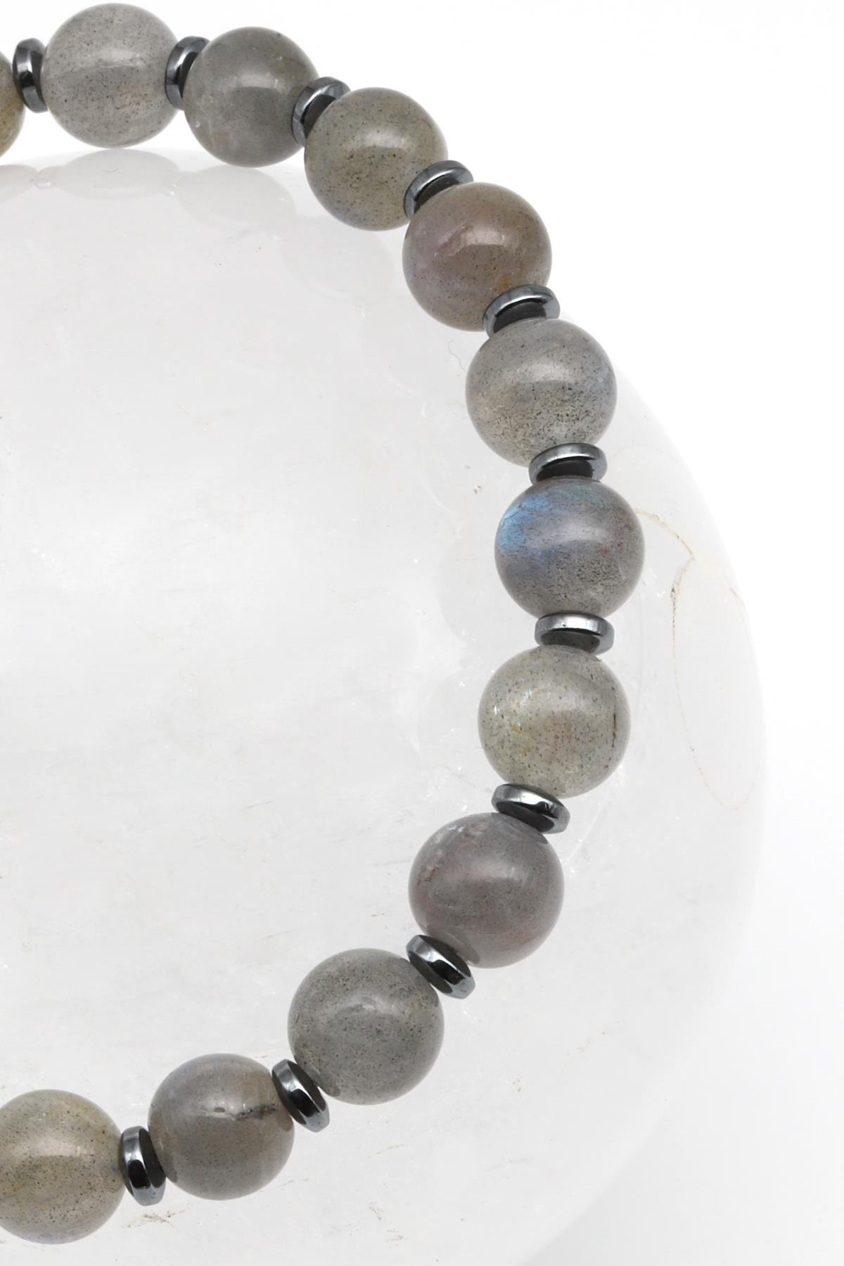 Labradorit - Hematit Doğal Taş Makrome Örme Bileklik Küre Kesim