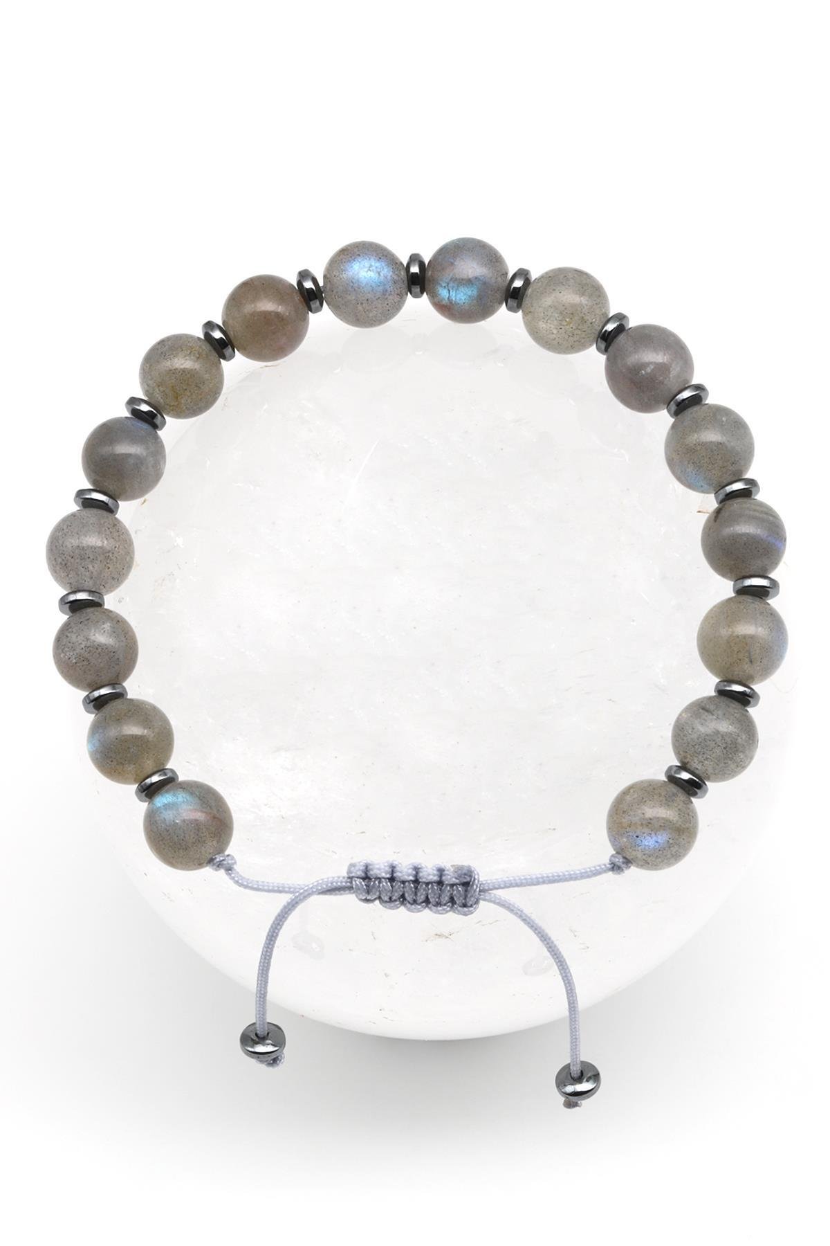 Labradorit - Hematit Doğal Taş Makrome Örme Bileklik Küre Kesim