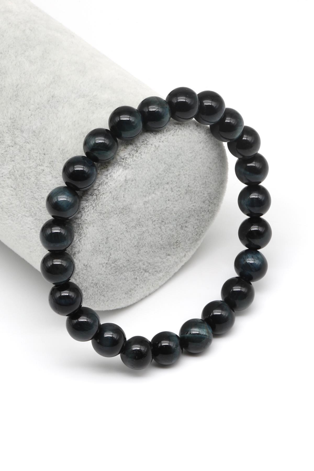 Lacivert Kaplan Gözü Doğal Taş Bileklik 8 mm Küre Kesim