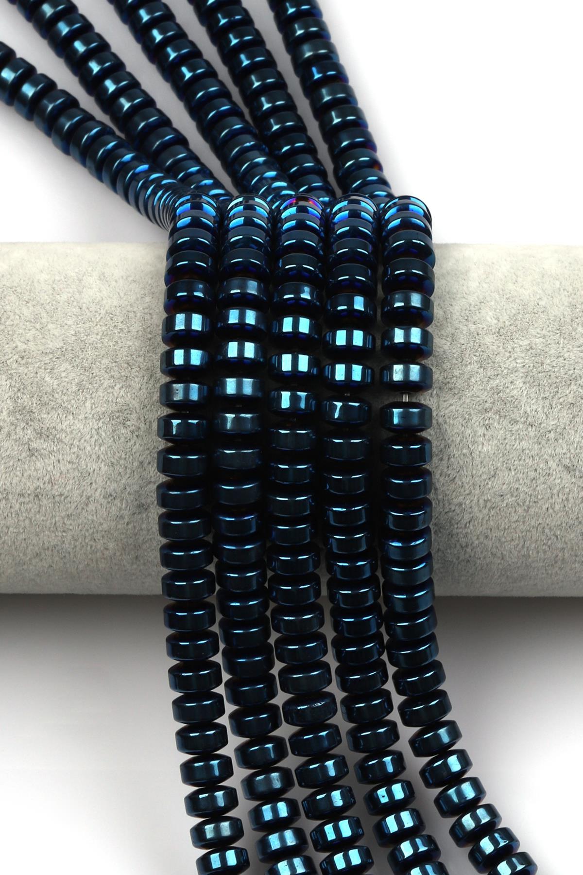 Lacivert Renkli Hematit Dizi 4 x 8 mm Rondel Kesim