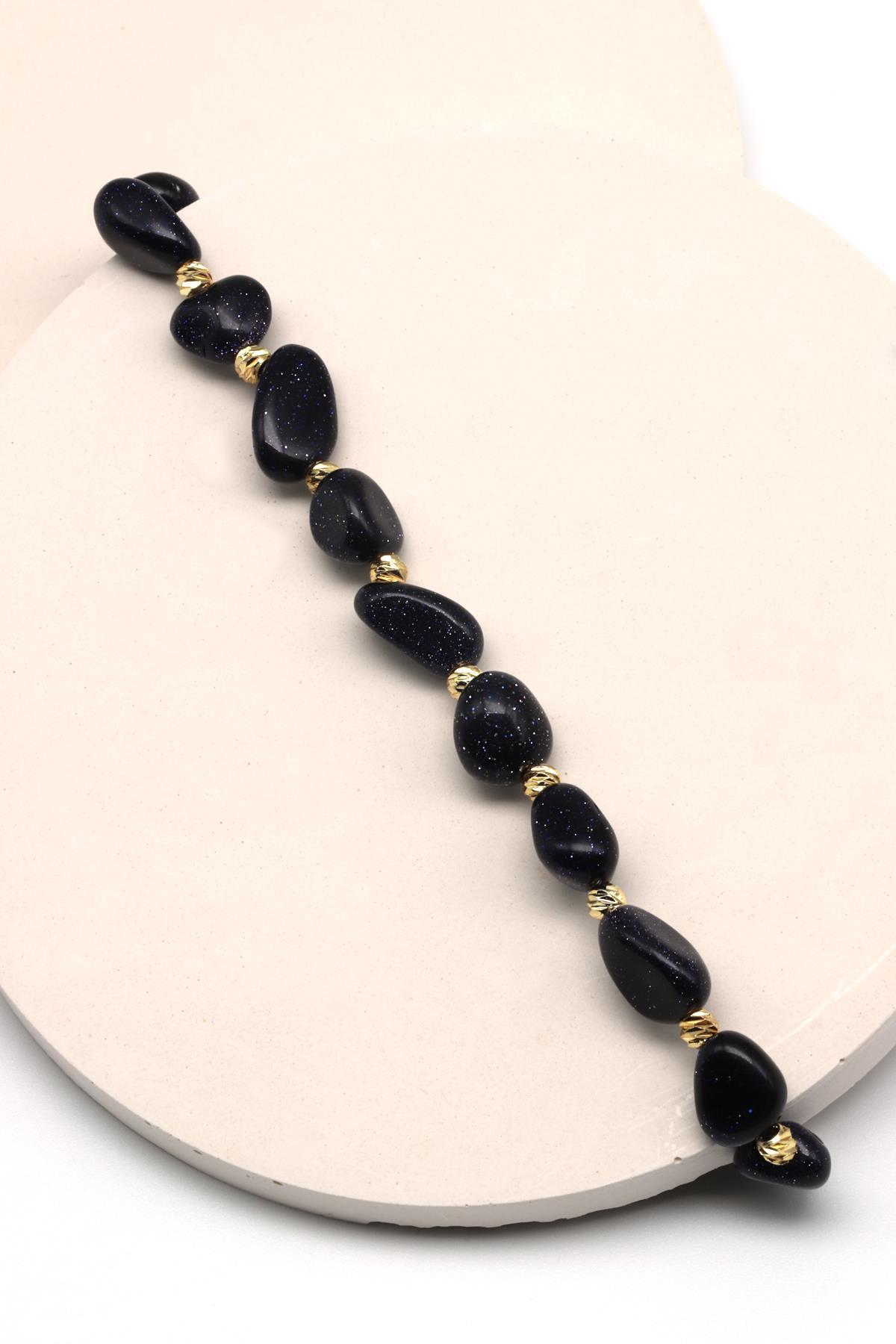 Lacivert Yıldız Taşı Doğal Taş Makrome Örme Bileklik Mercimek Kesim